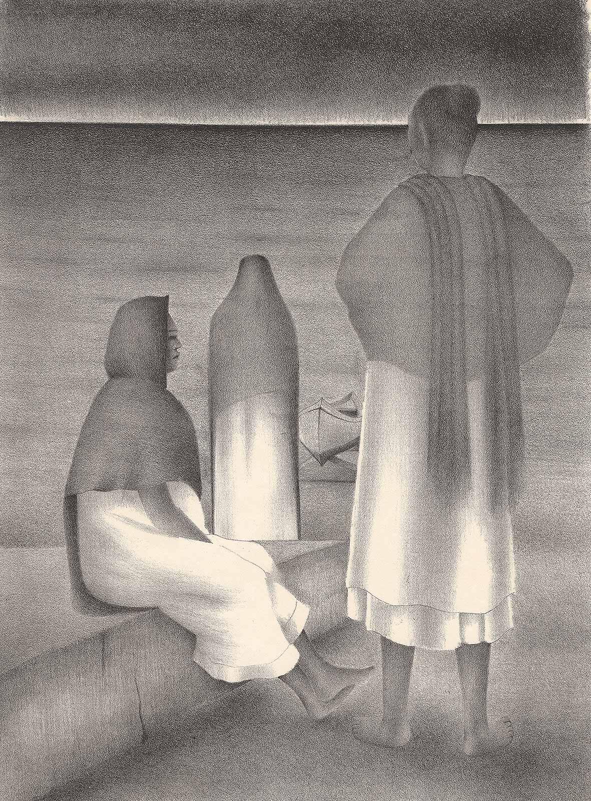 Francisco Dosamantes Figurative Print - La Espera (The Wait -- Three Women by the sea)