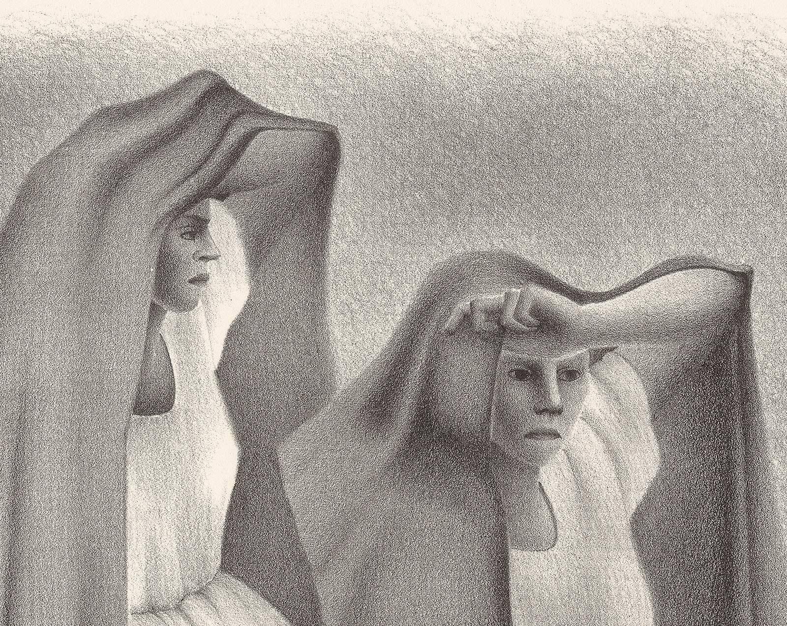 Mujeres Veracruzans (trois femmes assises de Vera Cruz au Mexique en châles) - Moderne Print par Francisco Dosamantes