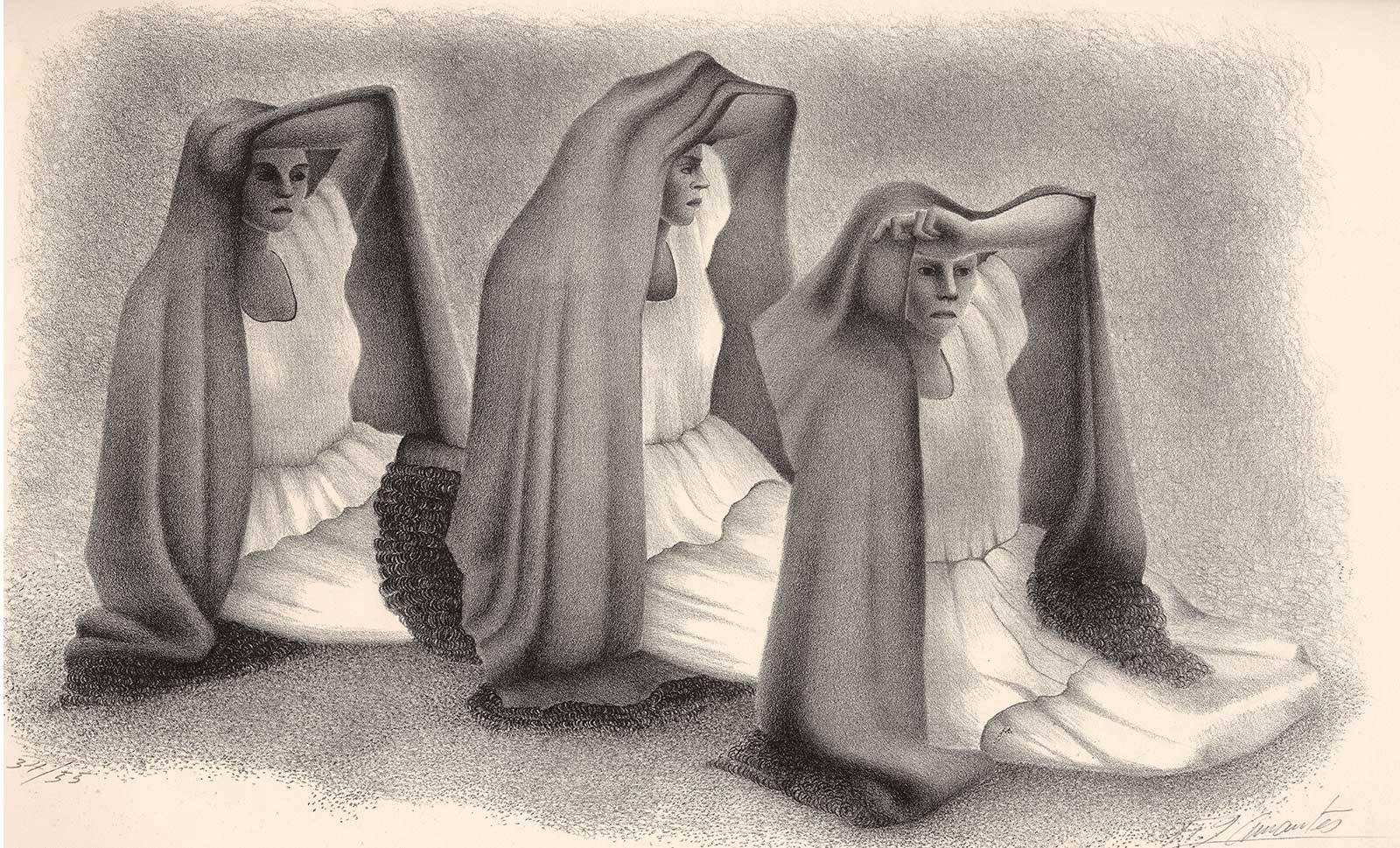 Francisco Dosamantes Figurative Print - Mujeres Veracruzans (three seated women from Vera Cruz Mexico in shawls)