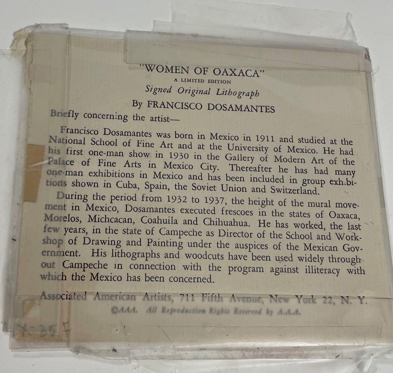 Edizione limitata firmata,  litografia originale di Francisco Dosamantes. Nato in Messico nel 1911, Dosamantes ha studiato alla Scuola Nazionale di Belle Arti e all'Università del Messico. Questa immagine suggestiva mostra tre donne di spalle con