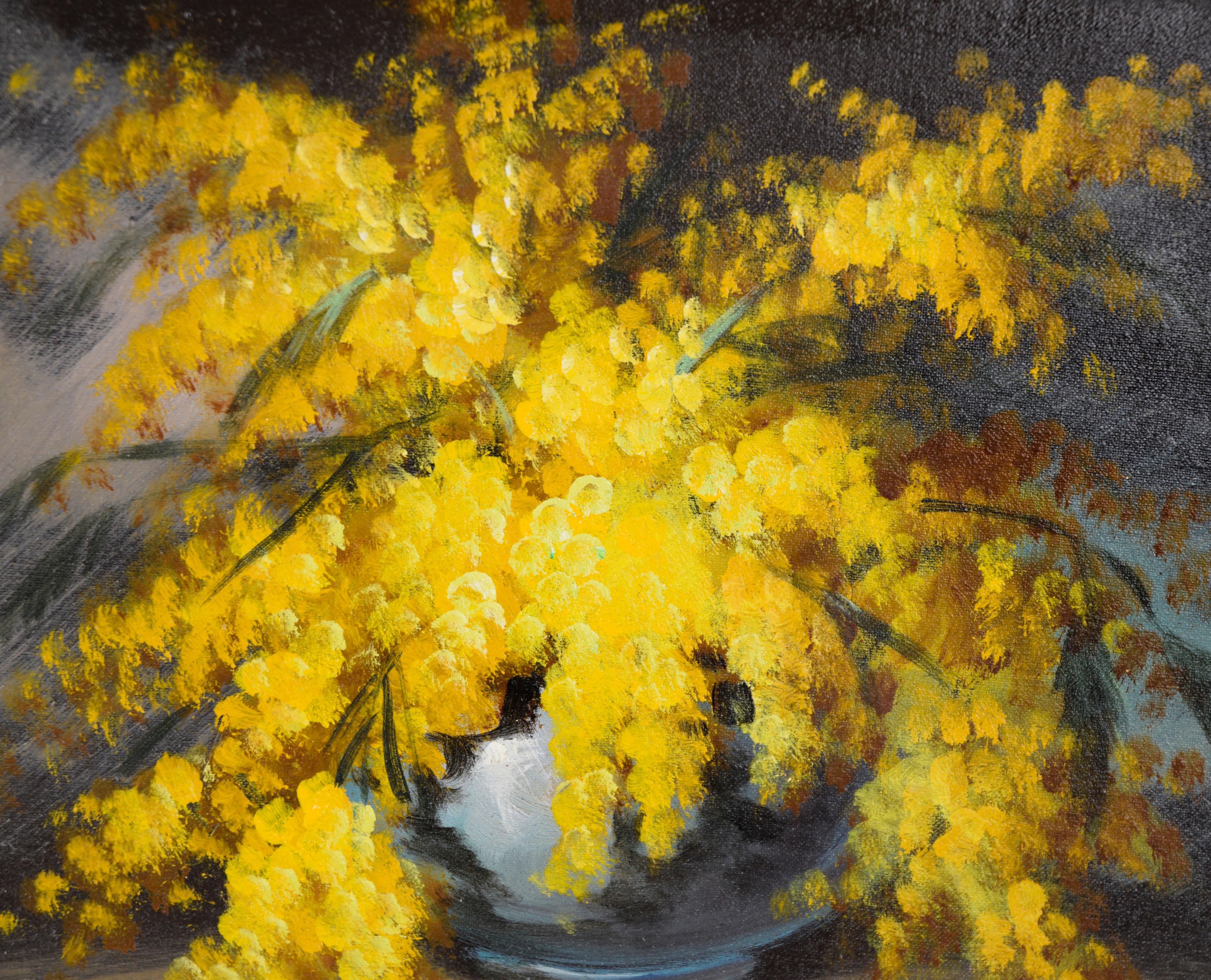 Natura morta con composizione di fiori di mimosa - Olio su tela - Painting Impressionismo di Francisco Giordano