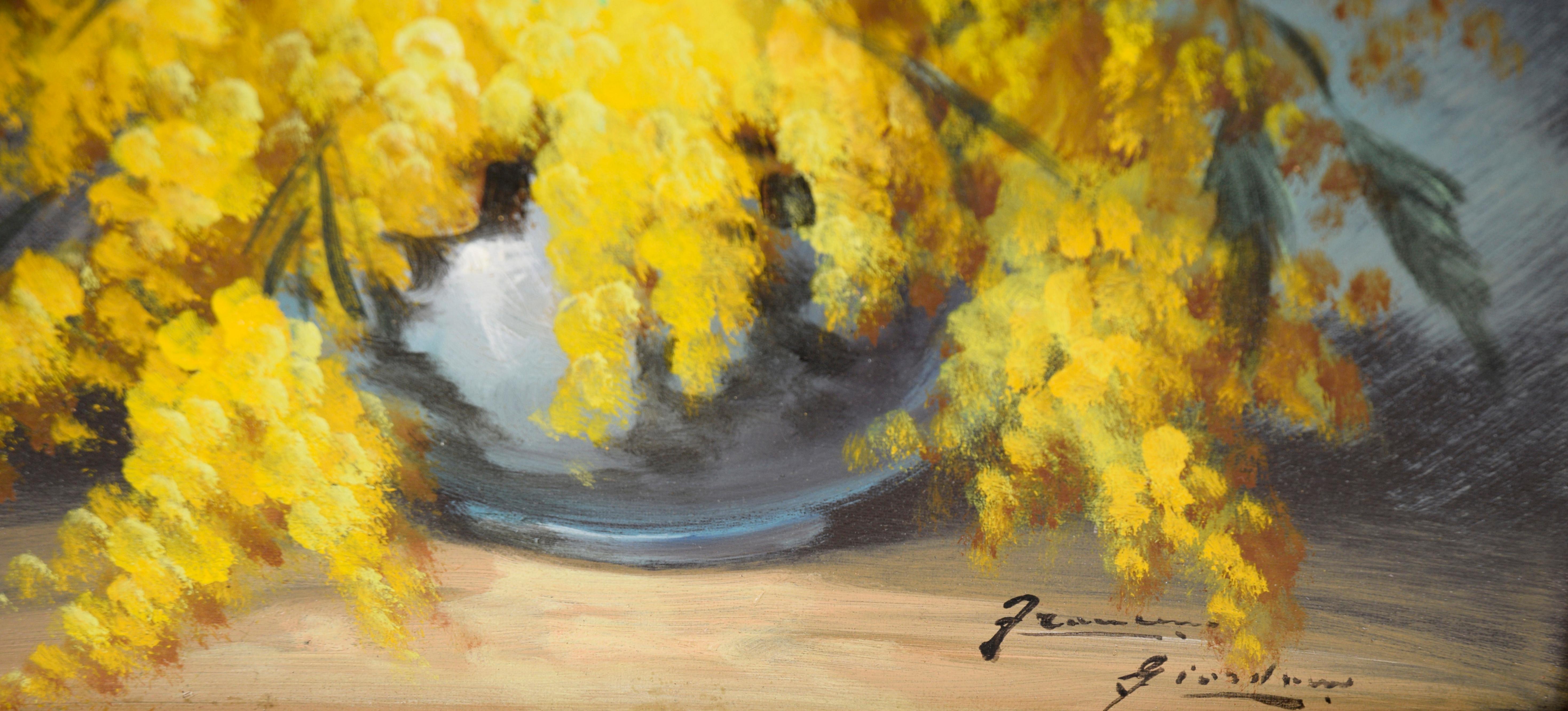 Natura morta con composizione di fiori di mimosa - Olio su tela - Still-Life Painting Marrone di Francisco Giordano