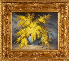 Still Life With Mimosa Flower Arrangement - Oil On Canvas