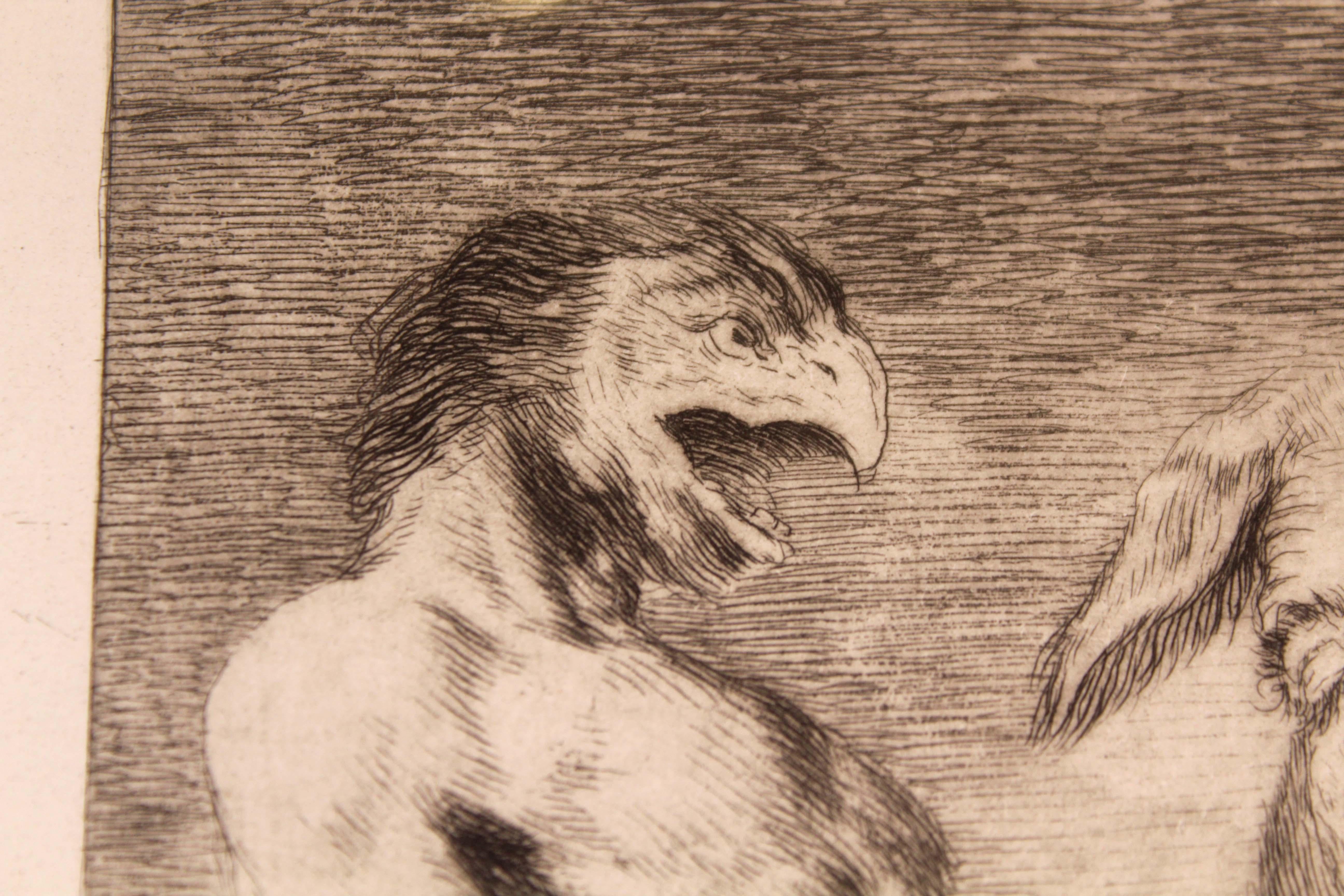 Francisco Goya Miren Que Grabes aus Los Caprichos 1868, gerahmt, Radierung gerahmt (Mittleres 19. Jahrhundert) im Angebot