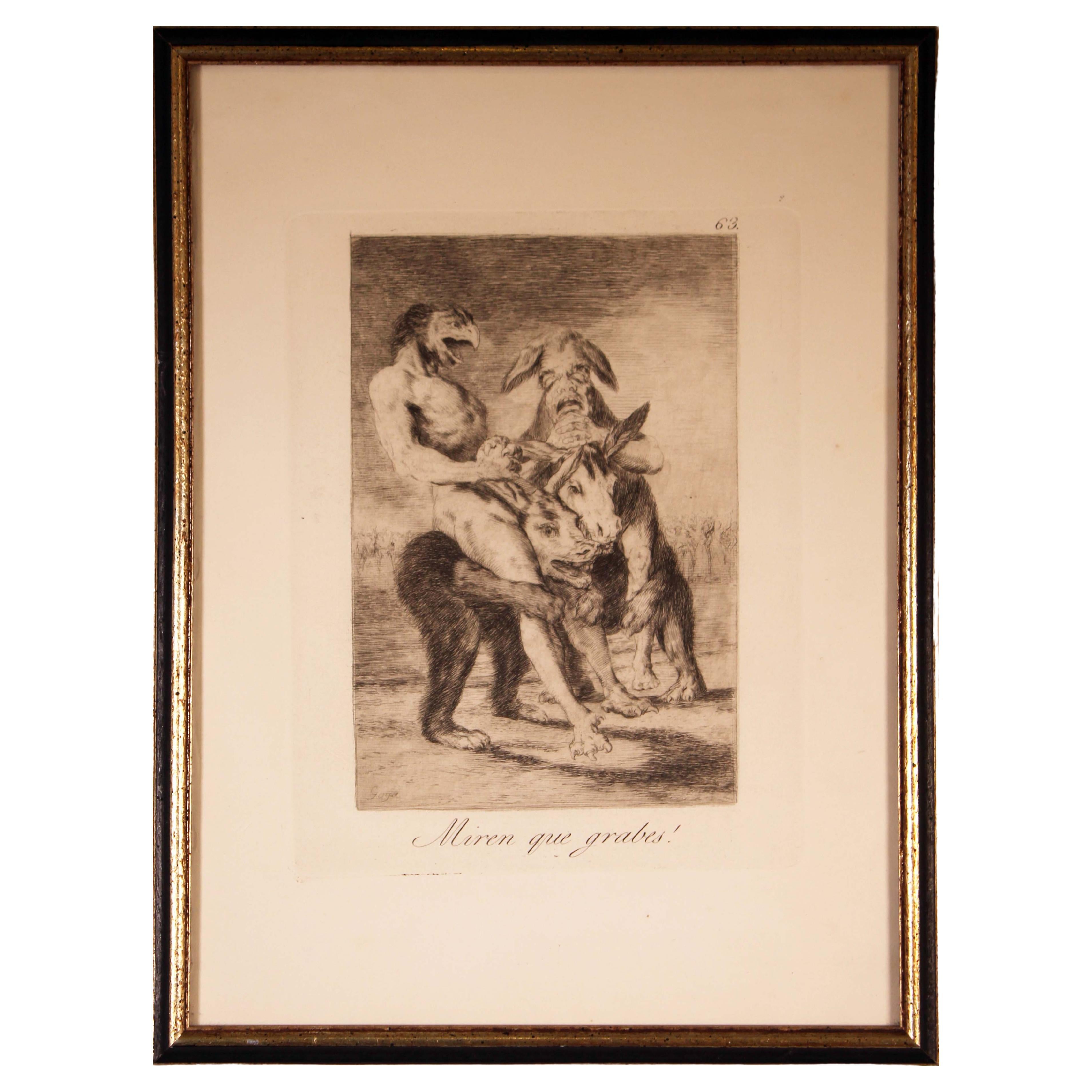 Francisco Goya Miren Que Grabes aus Los Caprichos 1868, gerahmt, Radierung gerahmt im Angebot