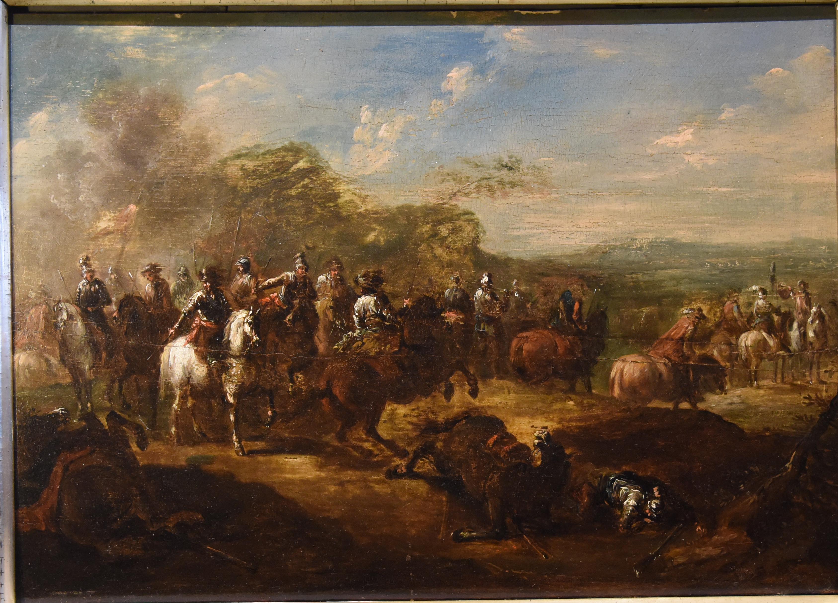 Ölgemälde aus dem 18. Jahrhundert:: das der Werkstatt von Francisco Goya zugeschrieben wird:: mit dem Titel Conquistadors nach der Schlacht Öl auf Holzplatte Spiegelt einen sehr ähnlichen romantischen Stil von Goya In vergoldetem Gesso-Rahmen