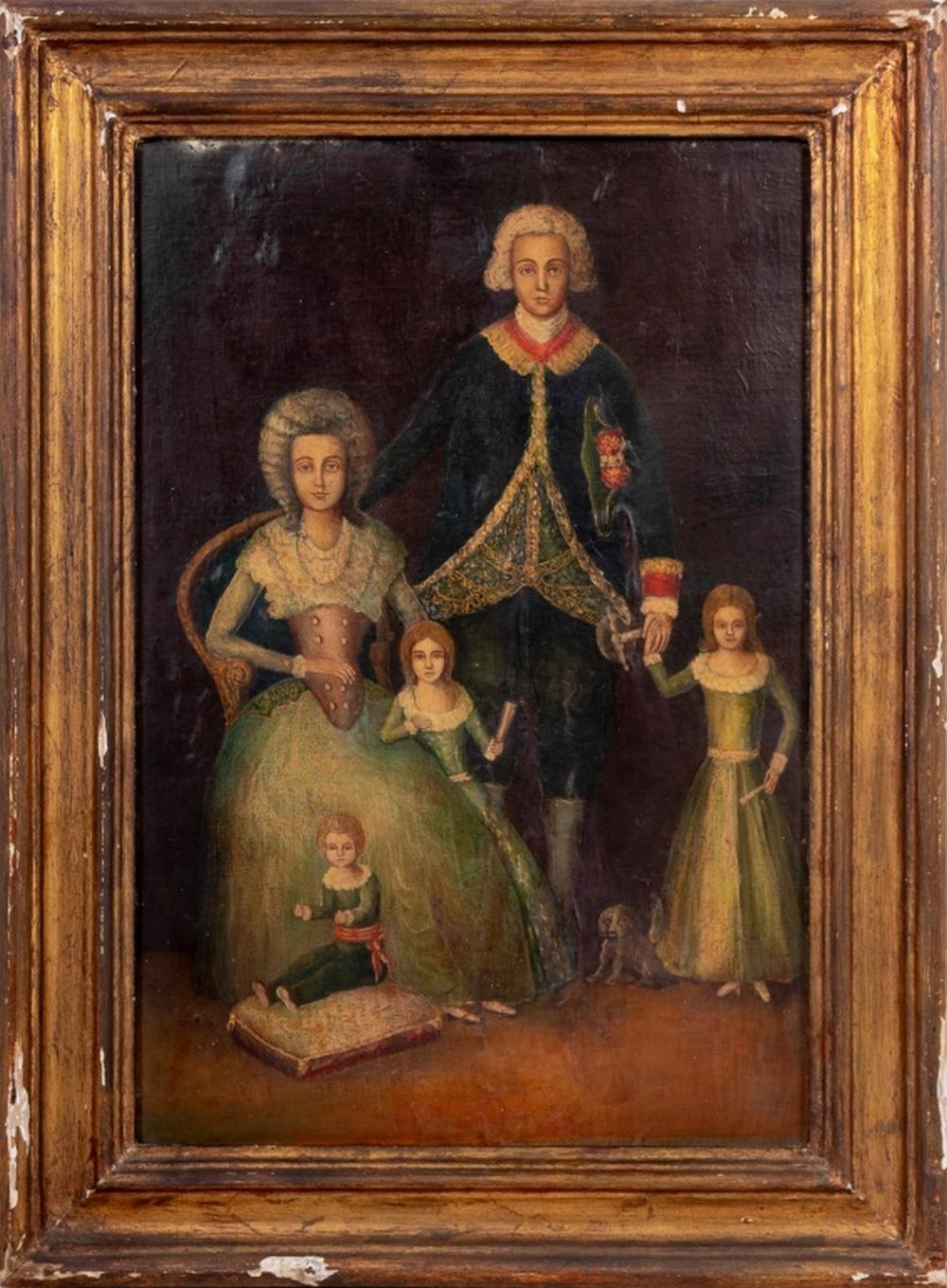 Según Francisco Goya (español, 1746-1828), "El duque y la duquesa de Osuna y sus hijos", Óleo sobre lienzo, siglo XIX, sin firmar, marco de madera dorada. Imagen: 25,5" Al x 17,5" An; marco: 30,75" Alt. x 22,75" Anch.   Nota: El original fue pintado