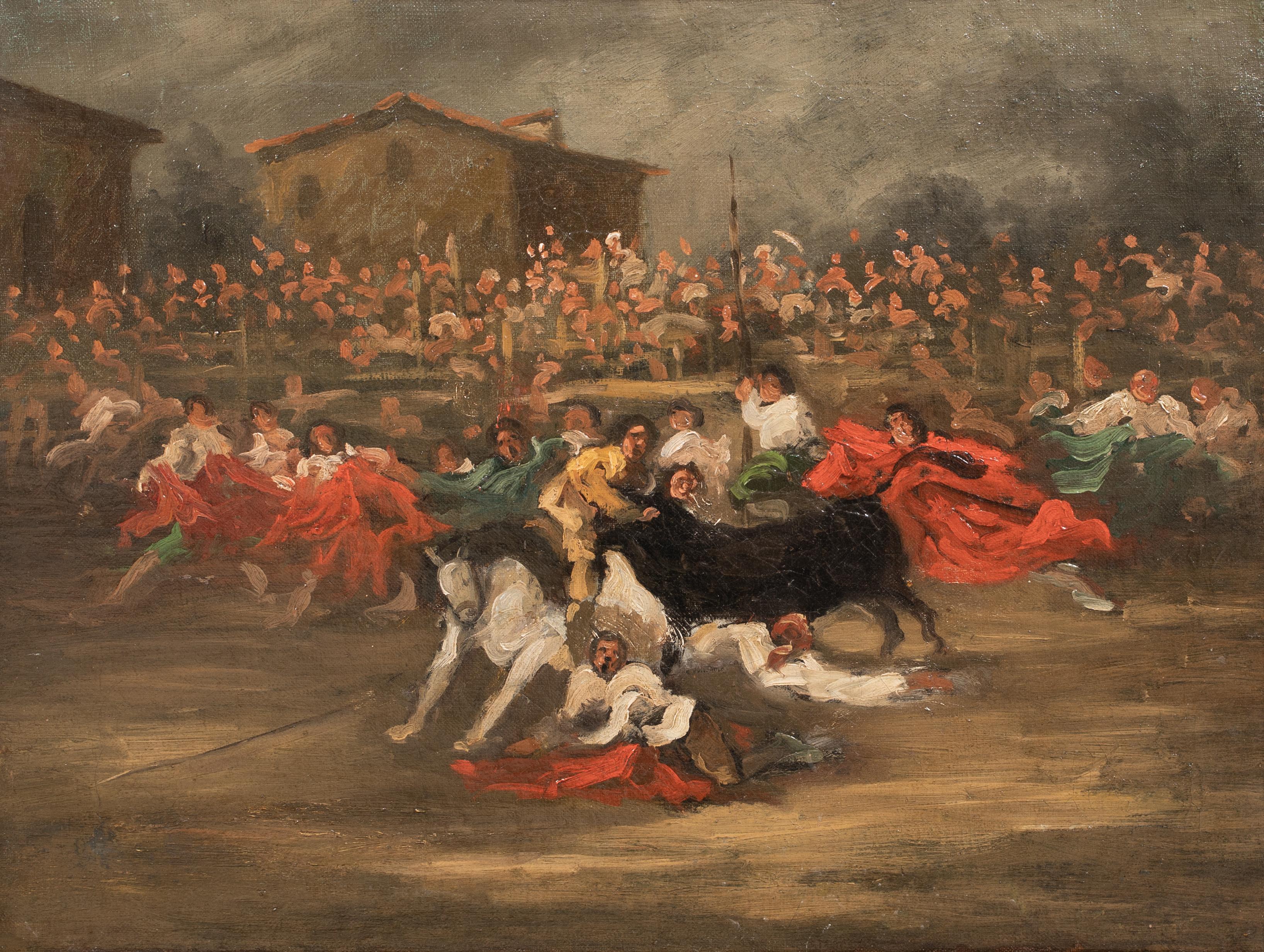 Stierkampf im 19. Jahrhundert auf einem spanischen Townes-Platz, um 1826 (Braun), Figurative Painting, von Unknown