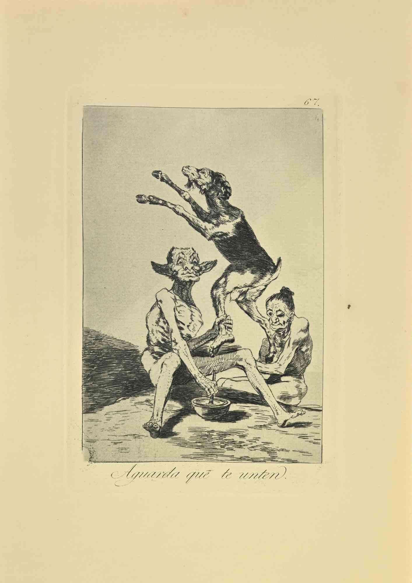 Aguarda que te Unten is a black and White aquatint, drypoint and etching printed in blue-black ink on laid paper from Caprichos realized after Francisco Goya in 1881-1886.

6th Edition.Very good impression.

Madrid: Calcografia Real,