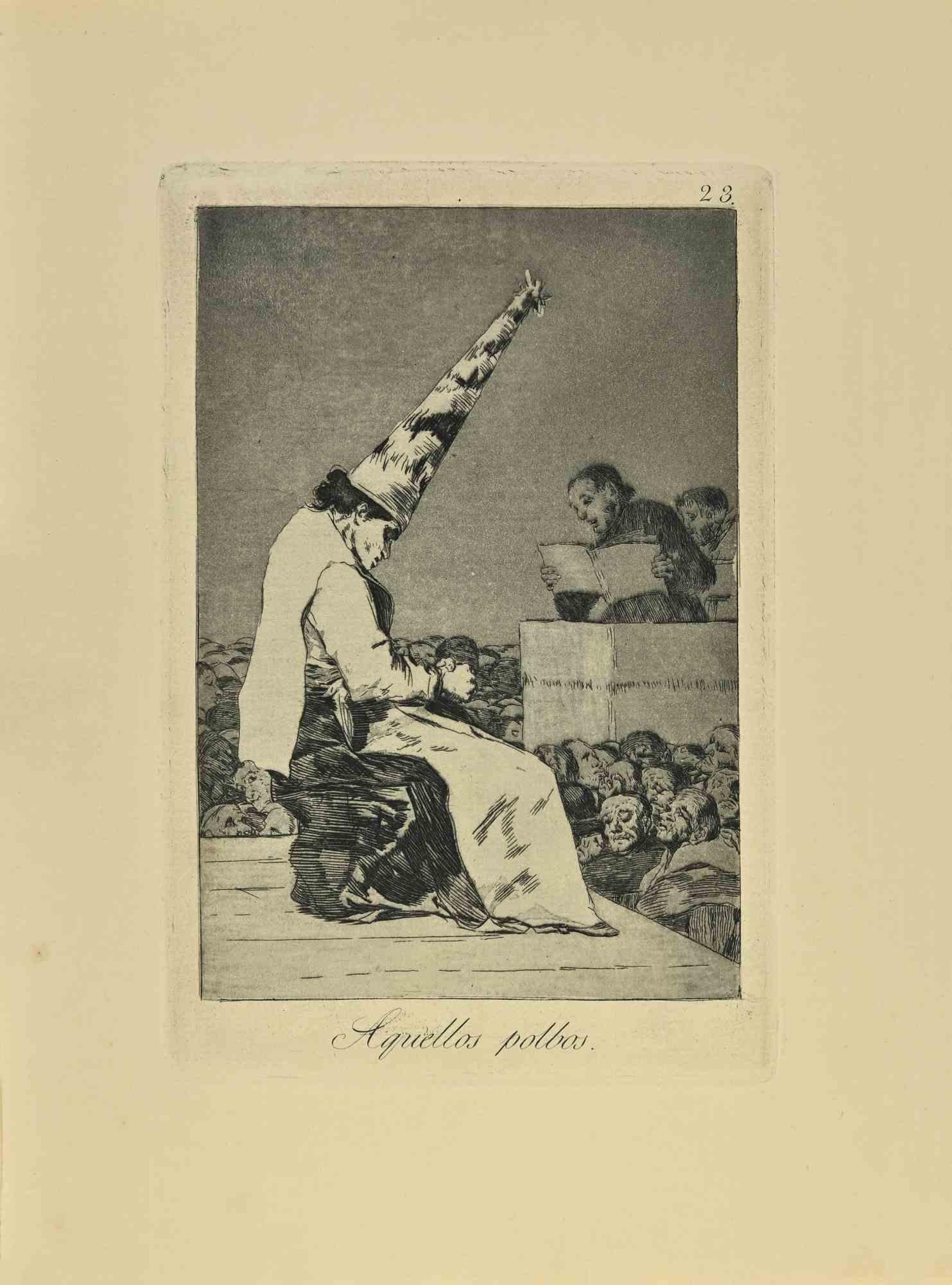 Aquellos Polbos es un aguatinta, punta seca y aguafuerte en blanco y negro impreso en tinta azul-negra sobre papel verjurado de Caprichos realizados según Francisco Goya en 1881-1886.

6ª Edición. 

Titulado en la parte inferior

Muy buena
