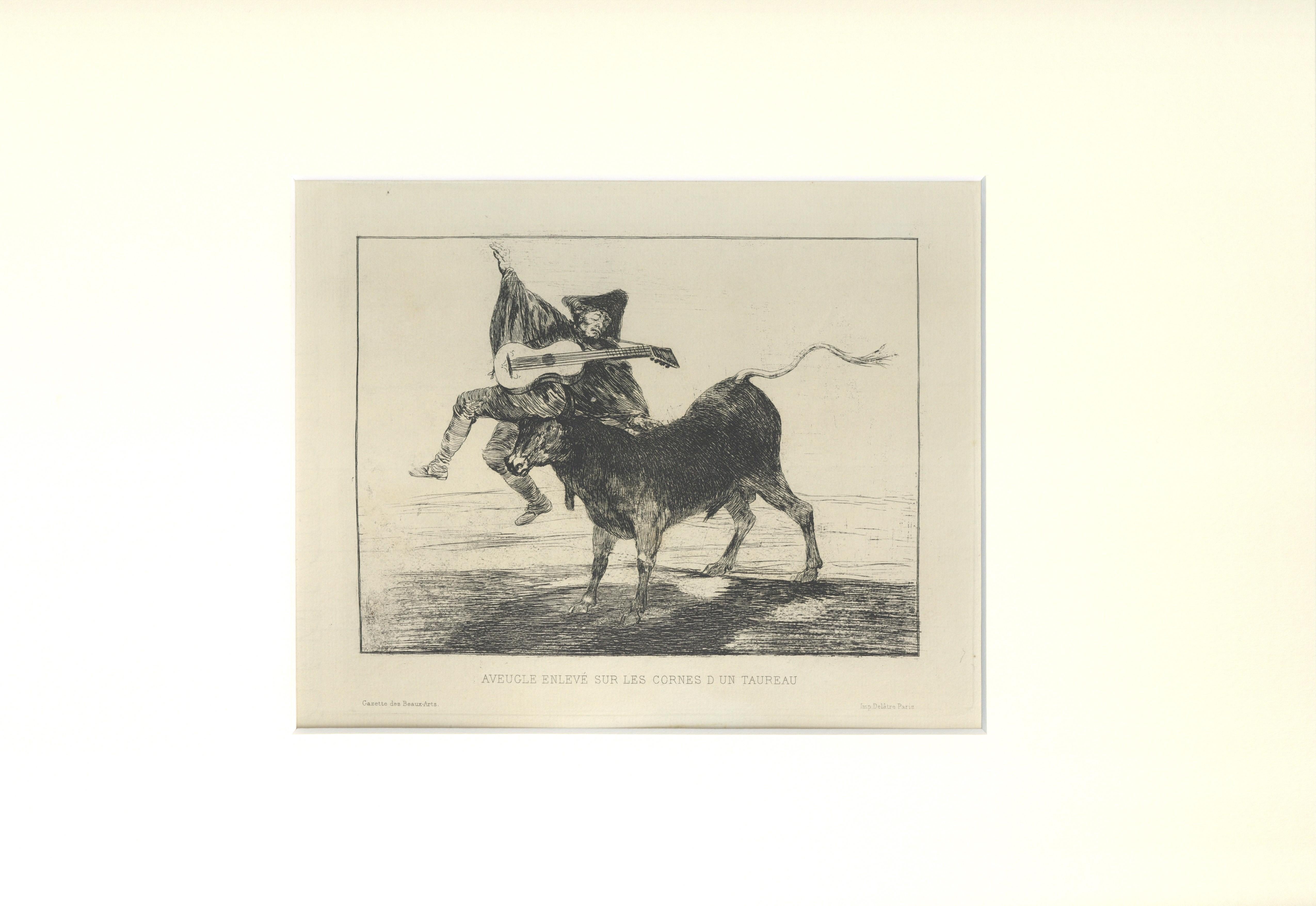Blind Man Tossed on the Hors of a Bull.
Image dimensions: 13.8x18 cm.
First edition. Labelled at the bottom 
