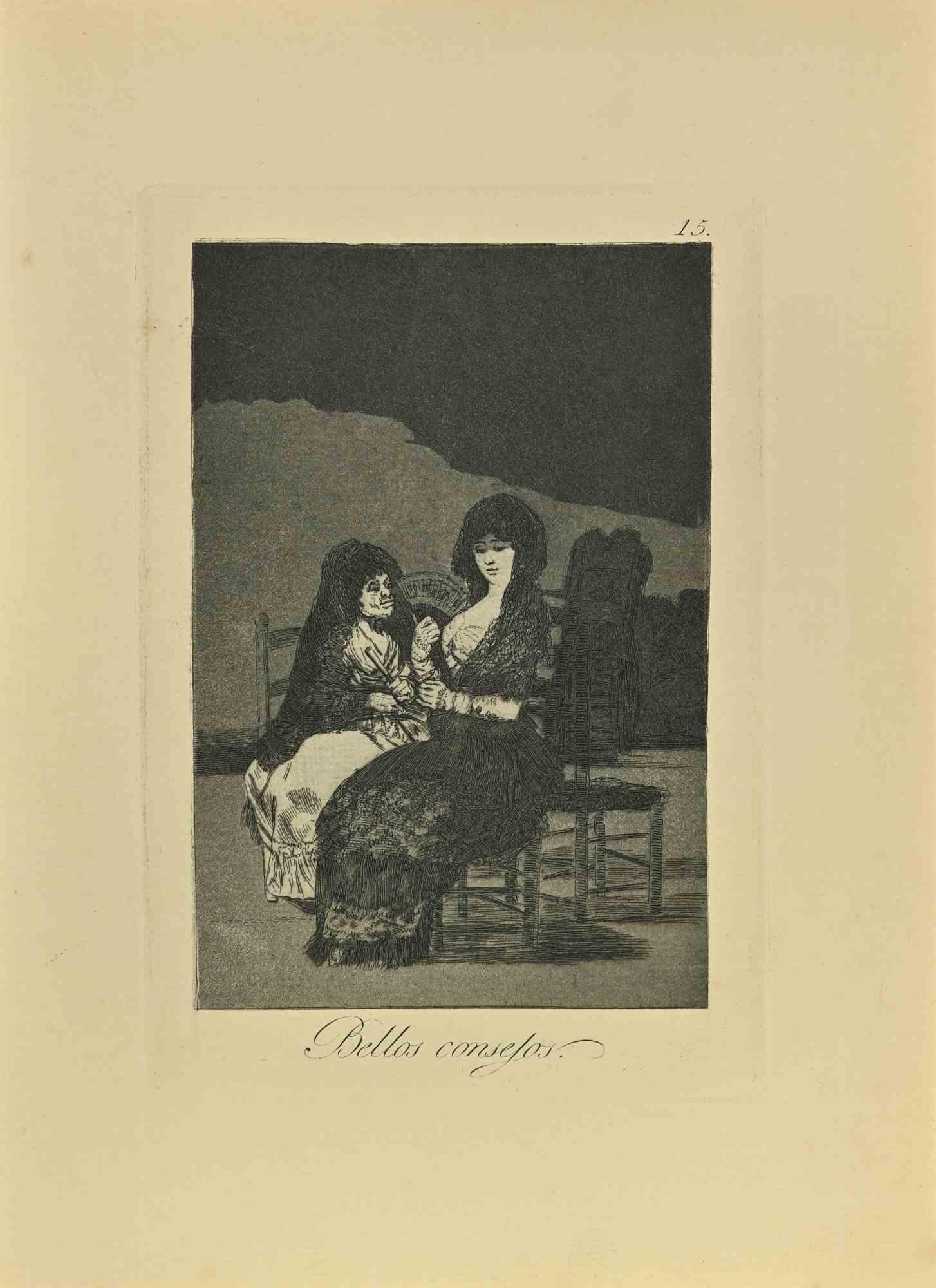 Bellos Consejos es un aguatinta, punta seca y aguafuerte en blanco y negro impreso en tinta azul-negra sobre papel verjurado de Caprichos realizados según Francisco Goya en 1881-1886.

6ª Edición. 

Titulado en la parte inferior

Muy buena