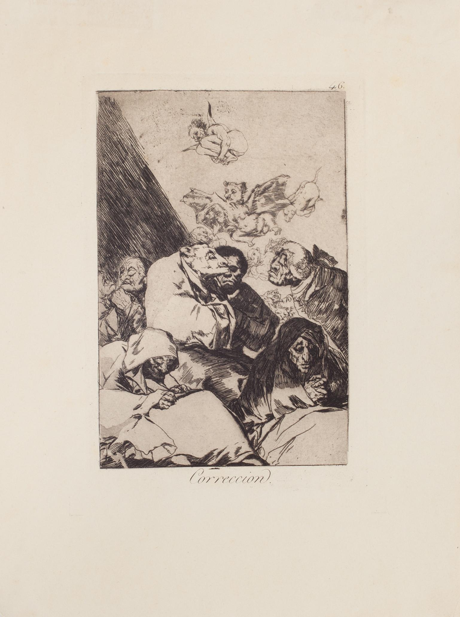 Correccion ist ein Original-Kunstwerk von Francisco Goya, das 1799 zum ersten Mal veröffentlicht wurde.

Radierung auf Velin.

Dieses Kunstwerk gehört zur dritten Ausgabe, die 1868 von der Calcografia National für die Real Academia veröffentlicht