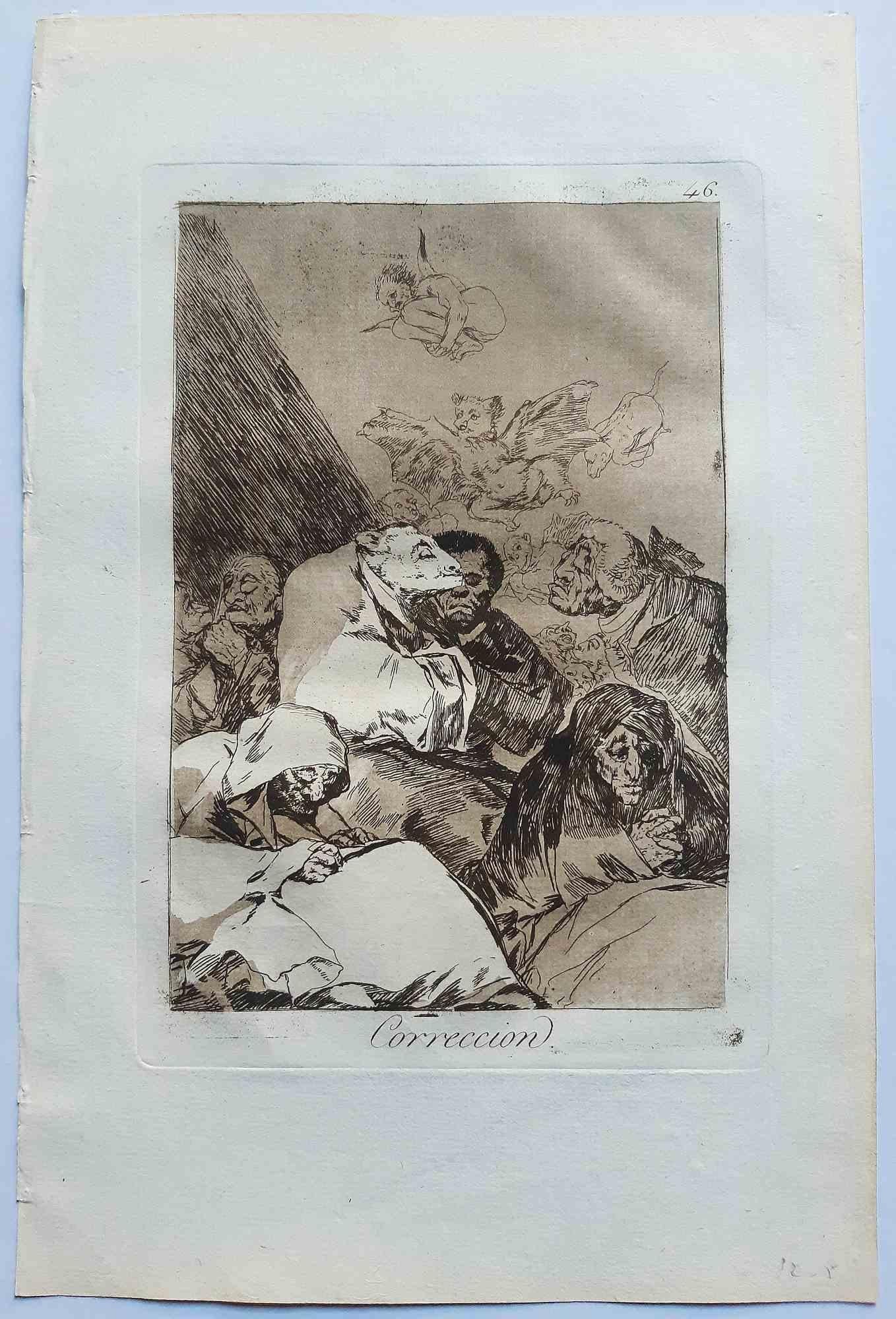 Correcion aus Los Caprichos ist ein originales Kunstwerk des Künstlers Francisco Goya, das 1799 zum ersten Mal veröffentlicht wurde.

Radierung und Aquatinta auf Papier.

Die Radierung ist Teil der Erstausgabe von "Los Caprichos", die 1799 von der