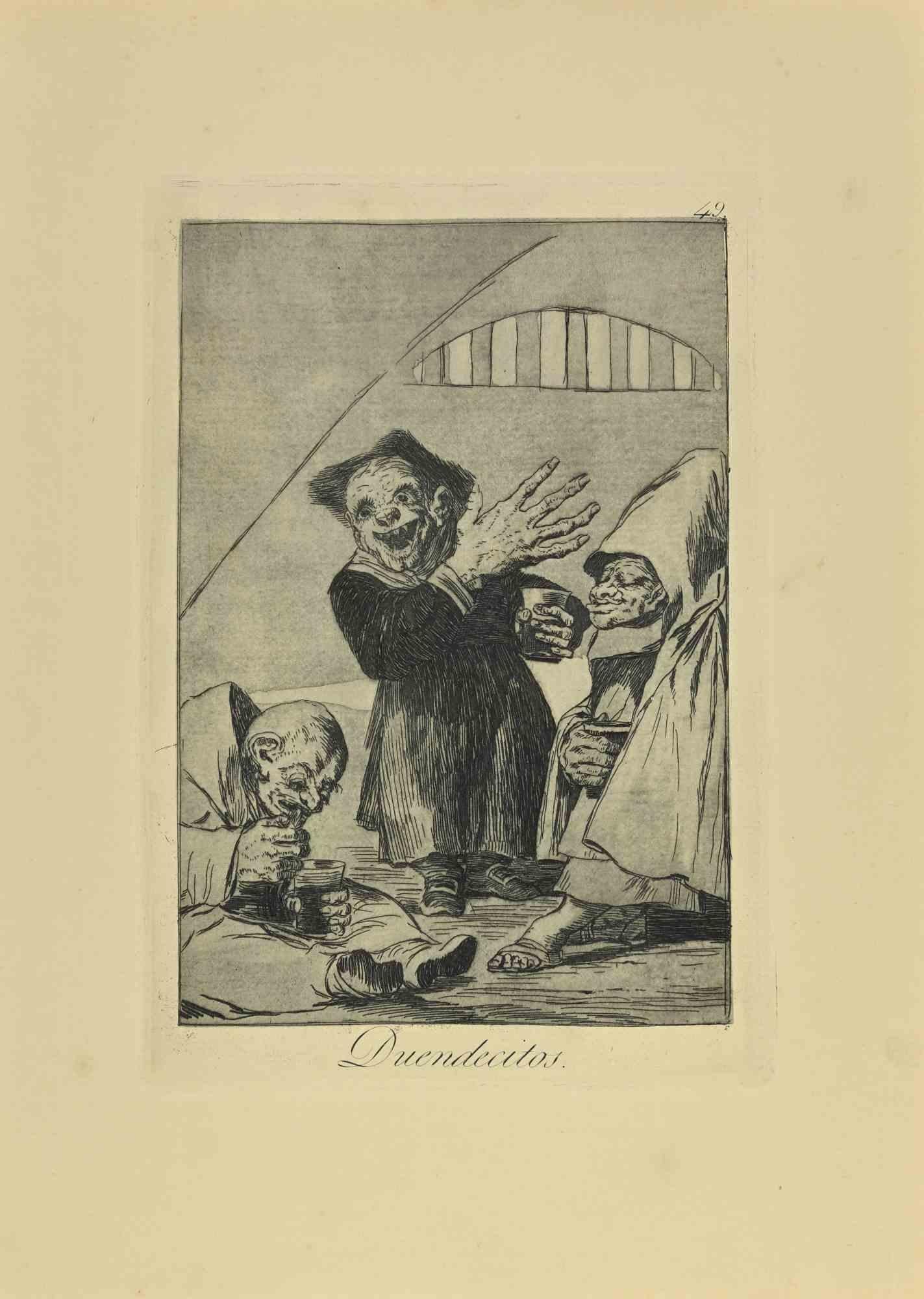 Duendecitos is a black and White aquatint, drypoint, and etching printed in blue-black ink on laid paper from Caprichos realized after Francisco Goya in 1881-1886.

6th Edition. 

Titled on the lower

Very good impression.

Madrid: Calcografia Real,