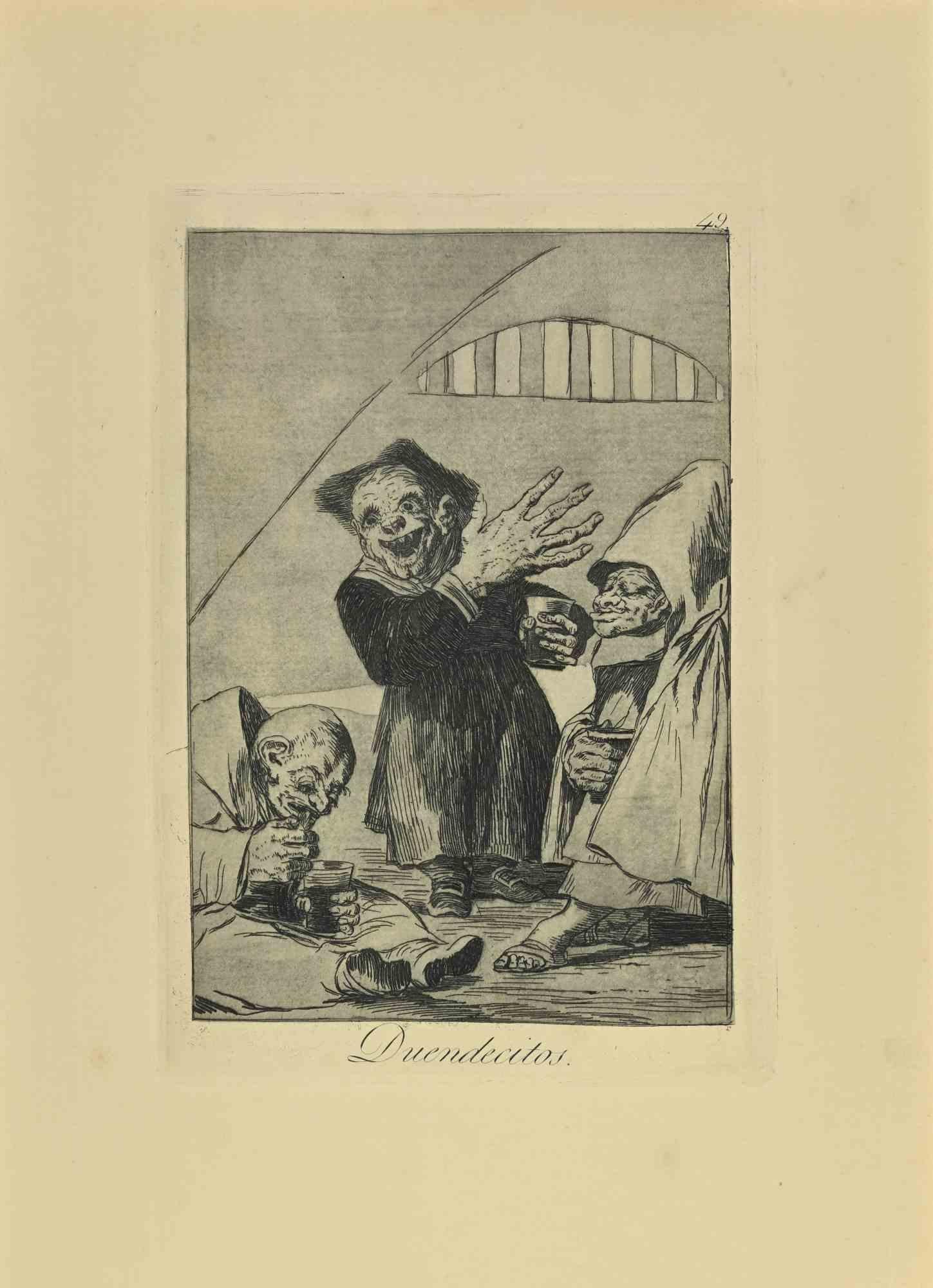Duendecitos es un aguatinta, punta seca y aguafuerte en blanco y negro impreso en tinta azul-negra sobre papel verjurado de Caprichos realizados según Francisco Goya en 1881-1886.

6ª Edición. 

Titulado en la parte inferior

Muy buena