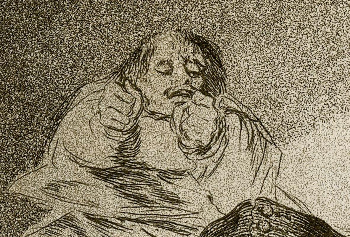 El Vergponzoso (Der scharlachrote Eine) (Beige), Figurative Print, von Francisco Goya