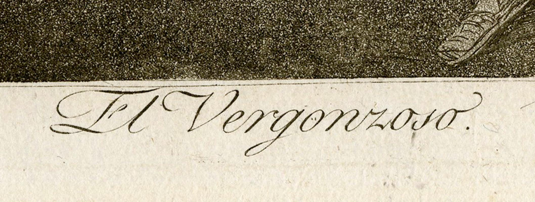 El Vergponzoso (Il Vergognoso)
acquaforte e acquatinta, 1799
Non firmato (come tutte le incisioni di Goya)
Da: Los Caprichos, Plate 54
Dalla prima edizione, stampata nel 1799, su carta vergata
Riferimento: harris 89 iii/III, prima edizione stampata