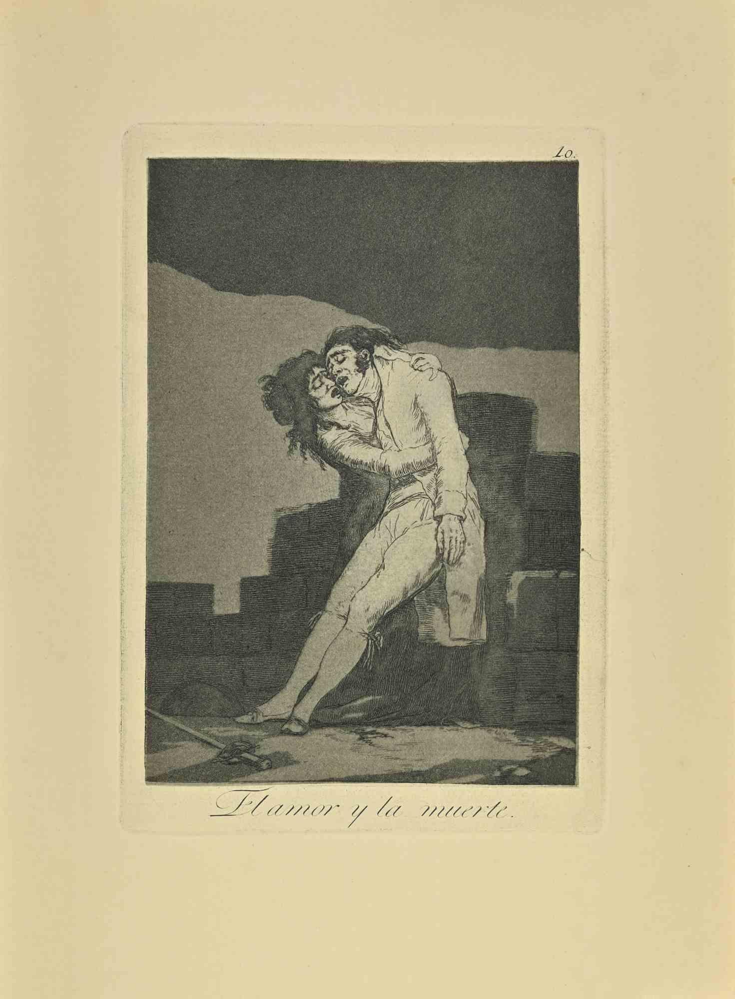 Elamor y la Muerte es un aguatinta, punta seca y aguafuerte en blanco y negro impreso en tinta azul-negra sobre papel verjurado de Caprichos realizados según Francisco Goya en 1881-1886 .

6ª Edición.Muy buena impresión.

Madrid: Calcografía Real,