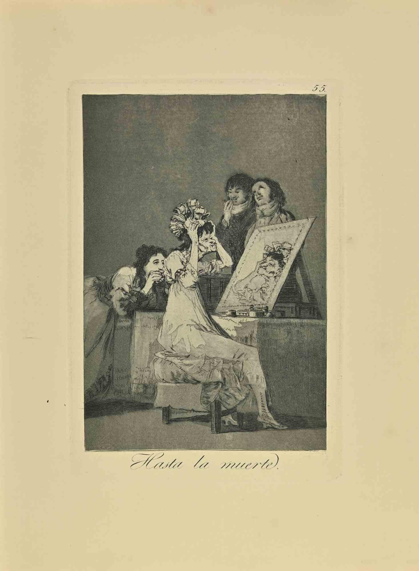 Hasta La Muerte es un aguatinta, punta seca y aguafuerte en blanco y negro impreso en tinta azul-negra sobre papel verjurado de Caprichos realizados según Francisco Goya en 1881-1886.

6ª Edición. 

Titulado en la parte inferior

Muy buena