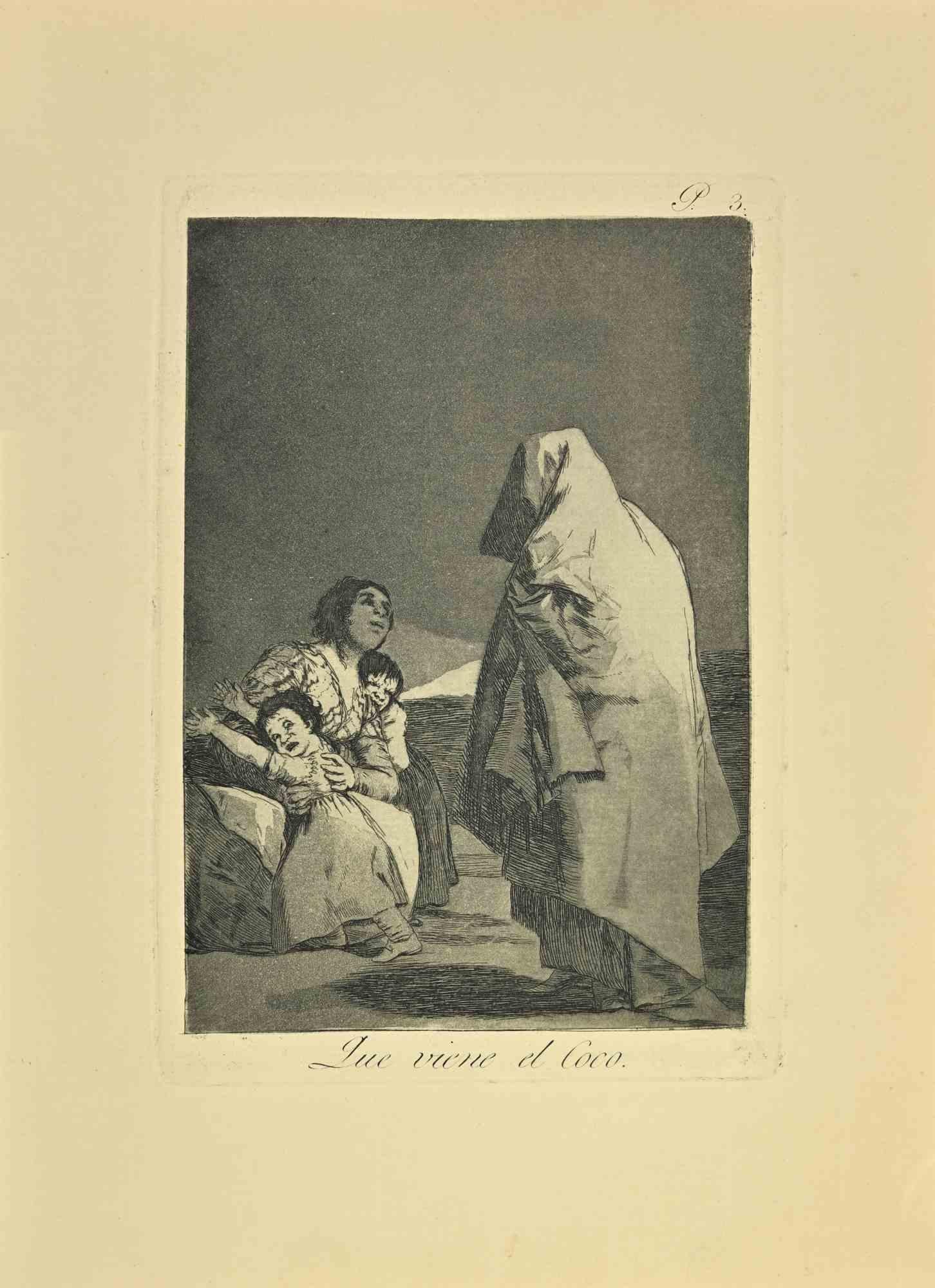 Aquí viene el hombre del saco es una aguatinta, punta seca y aguafuerte en blanco y negro impresos en tinta azul-negra sobre papel verjurado de Caprichos realizados según Francisco Goya en 1881-1886.

6ª Edición. 

Titulado en la parte inferior

Muy