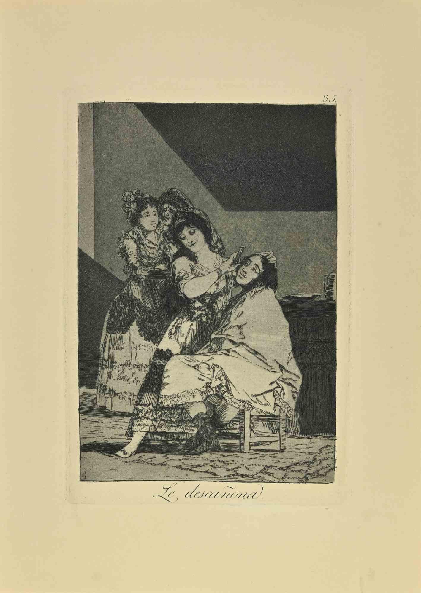 Le Descanona is a black and White aquatint, drypoint, and etching printed in blue-black ink on laid paper from Caprichos realized after Francisco Goya in 1881-1886.

6th Edition. 

Titled on the lower

Very good impression.

Madrid: Calcografia