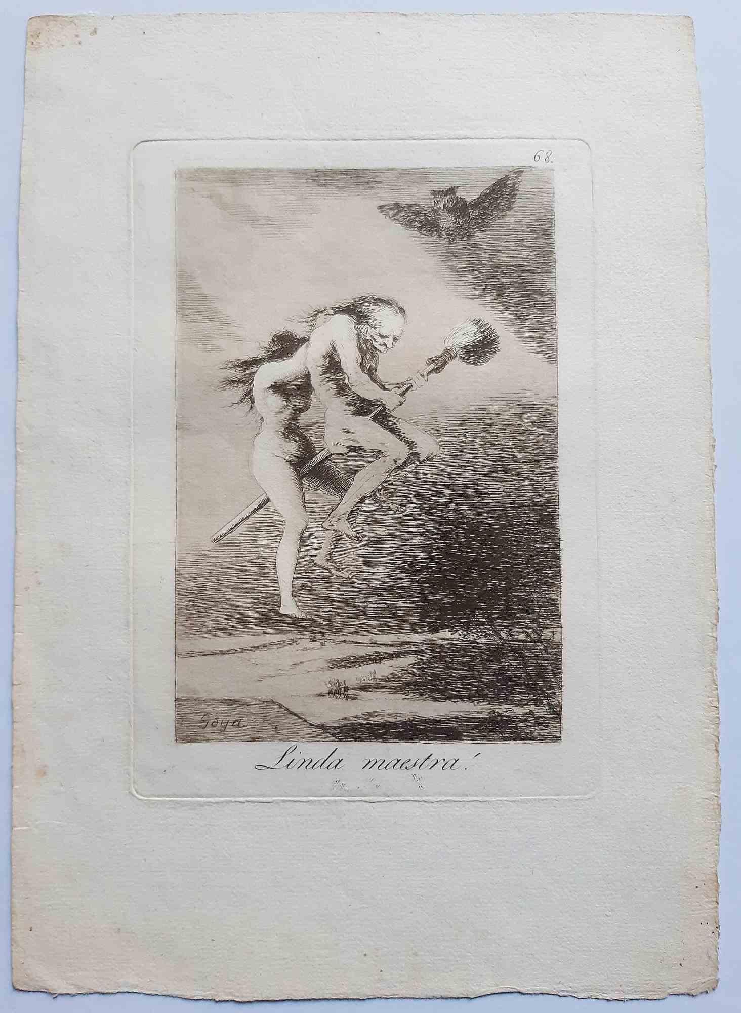 Linda maestra from Los Caprichos  is an original artwork realized by the artist Francisco Goya and published for the first time in 1799.

Etching and aquatint on paper.

The etching is part of the First Edition of 
