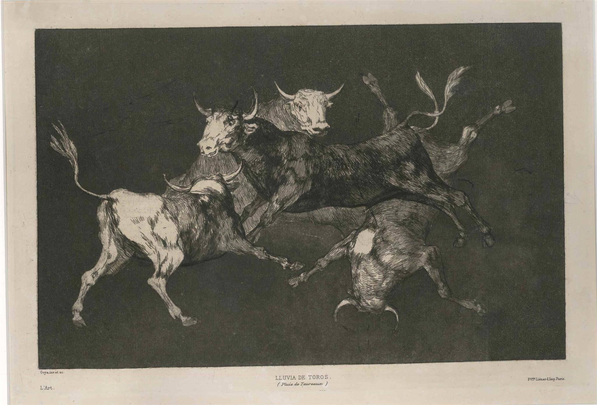 Francisco Goya Animal Print - Lluvia De Toros - Original Etching by F. Goya - 1815/19