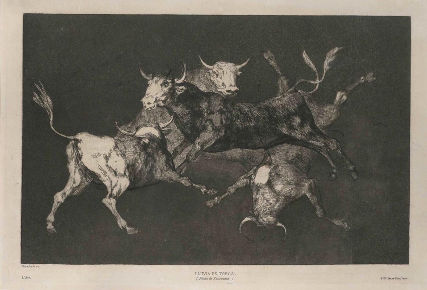 Francisco Goya Animal Print - Lluvia De Toros - Original Etching by F. Goya - 1815/19
