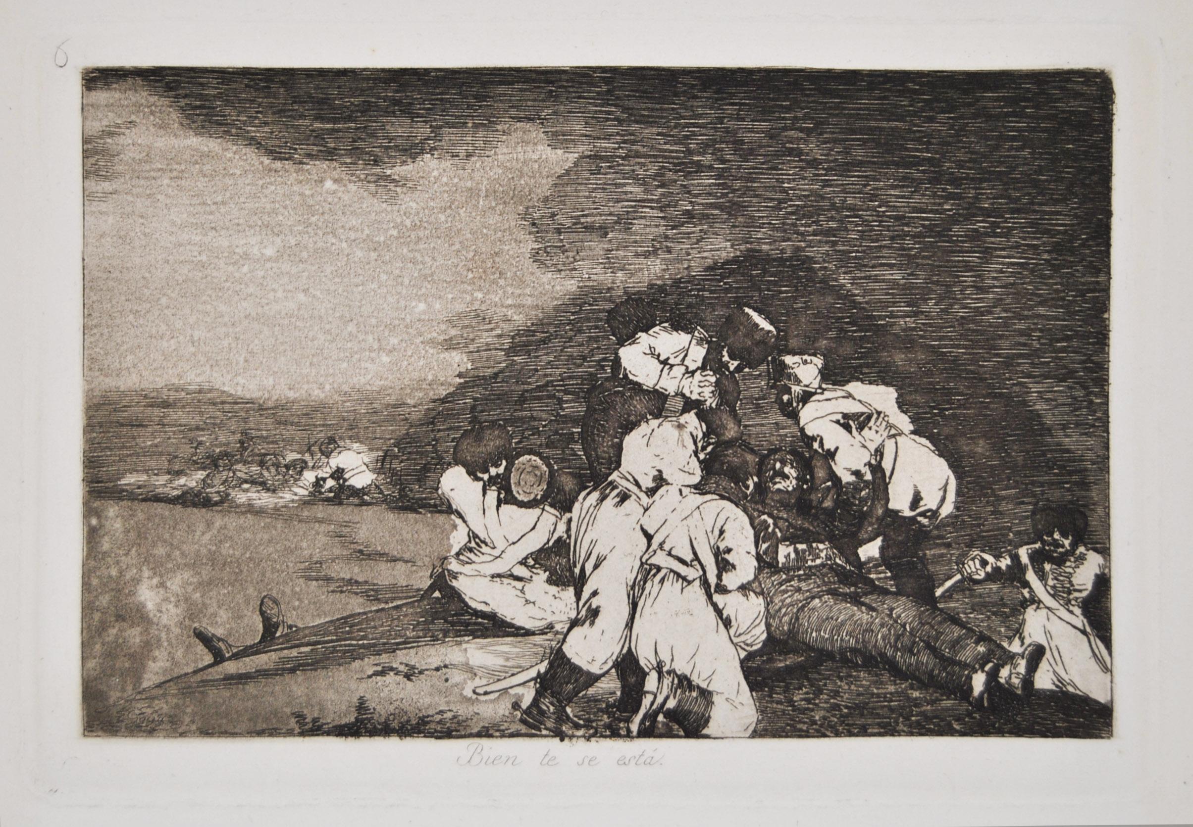 Disasters of War are 80 original aquatint plates realized by Francisco Goya in 1863,  on heavy wove paper with J.G.O. and palmette watermark, publisher cloth backed boards,  Madrid, first edition, Issue B – Oblong 4° - Titlepage, and with two pages