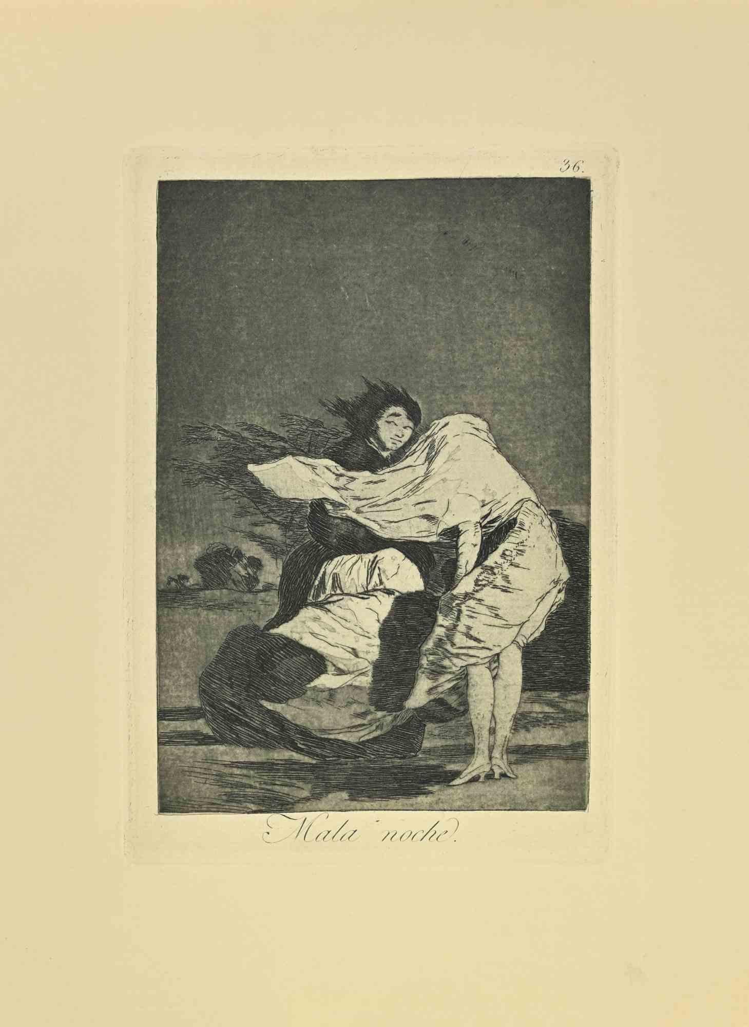 Mala Noche es una aguatinta, punta seca y aguafuerte en blanco y negro impresos en tinta azul-negra sobre papel verjurado de Caprichos realizados según Francisco Goya en 1881-1886.

6ª Edición.Muy buena impresión.

Madrid: Calcografía Real,