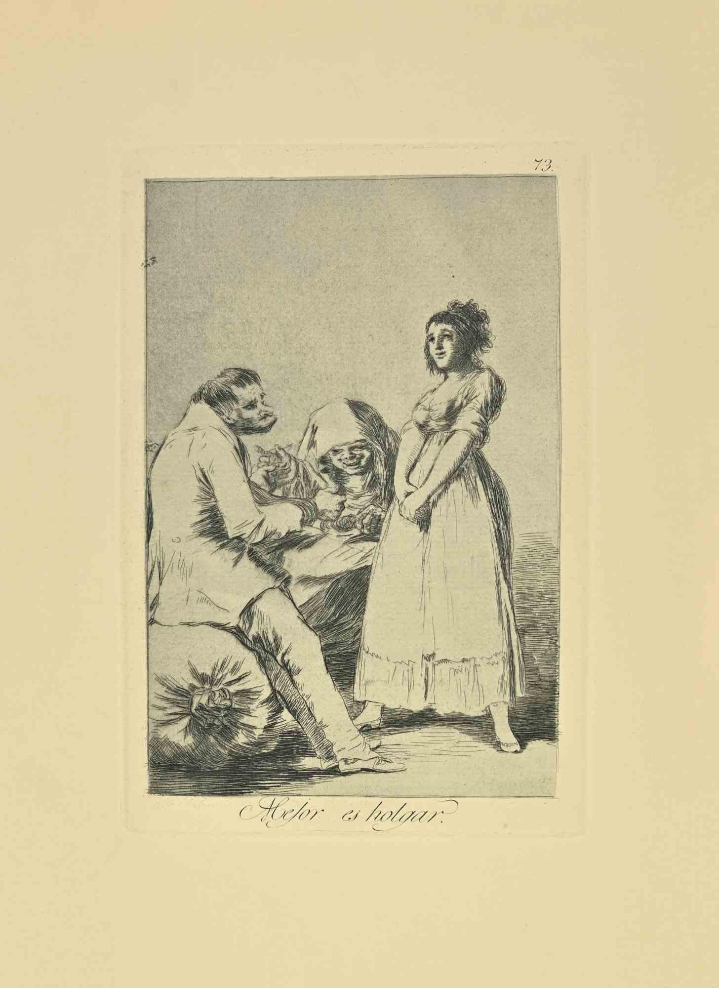 Mejor es Holgar es un aguatinta, punta seca y aguafuerte en blanco y negro impreso en tinta azul-negra sobre papel verjurado de Caprichos realizados según Francisco Goya en 1881-1886 .

6ª Edición.Muy buena impresión.

Madrid: Calcografía Real,