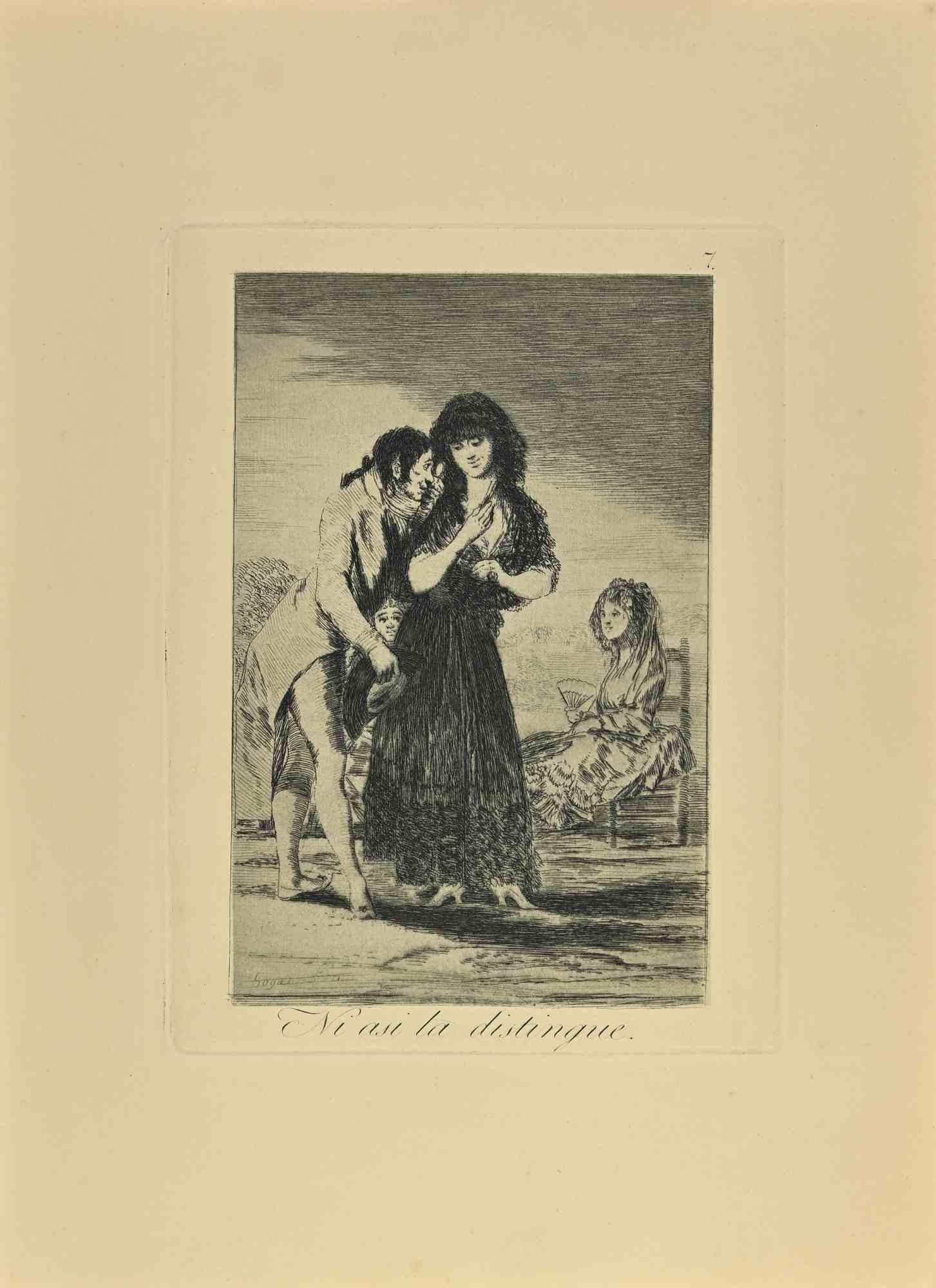 Mi asi la Distingue is a black and White aquatint, drypoint and etching printed in blue-black ink on laid paper from Caprichos realized after Francisco Goya in 1881-1886 .

6th Edition.Very good impression.

Madrid: Calcografia Real,