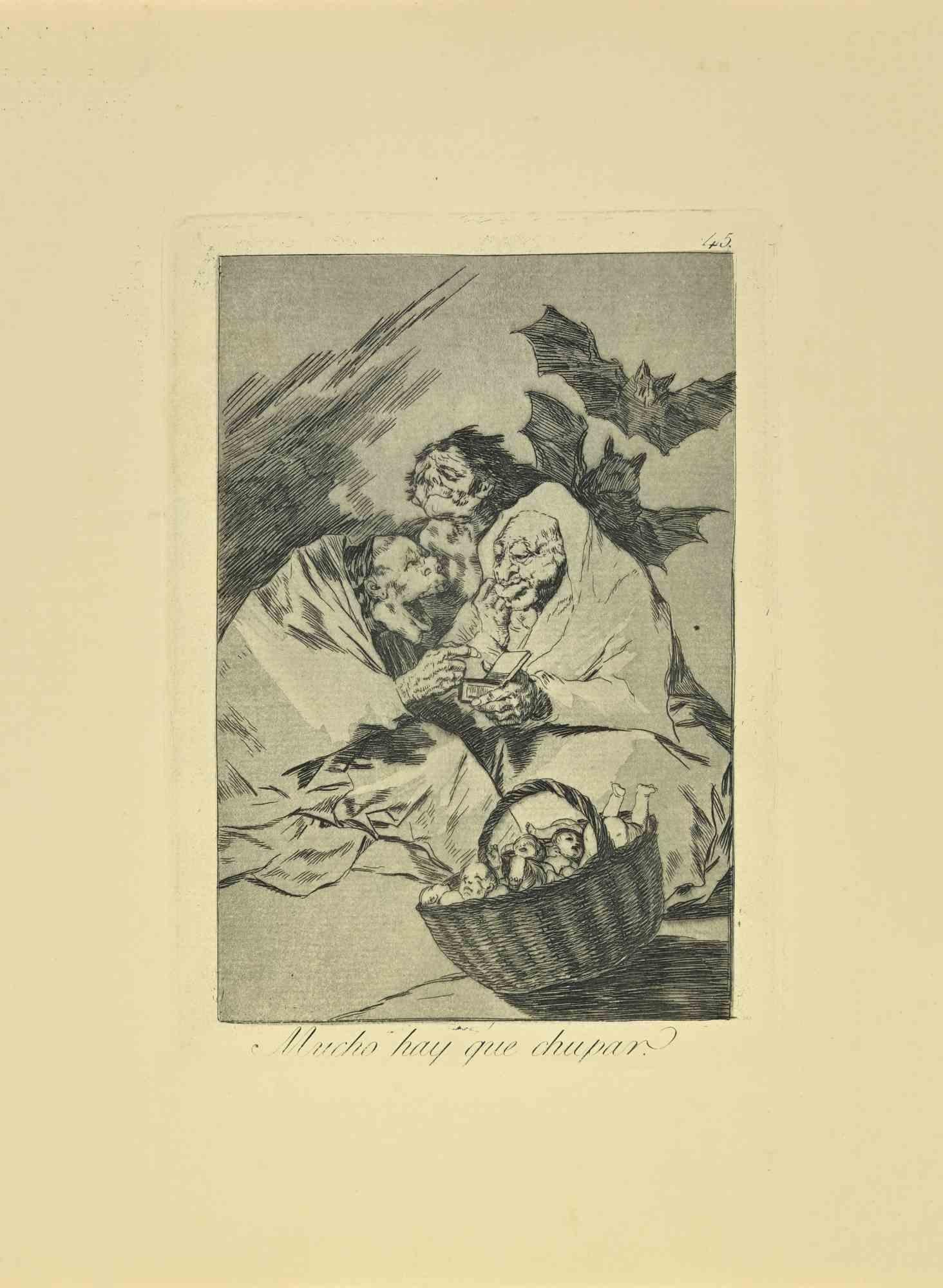 Mucho hay que chupar (There is plenty to suck) is a black and White aquatint, drypoint, and etching printed in blue-black ink on laid paper from Caprichos realized after Francisco Goya in 1881-1886.

6th Edition. 

Titled in the lower

Very good