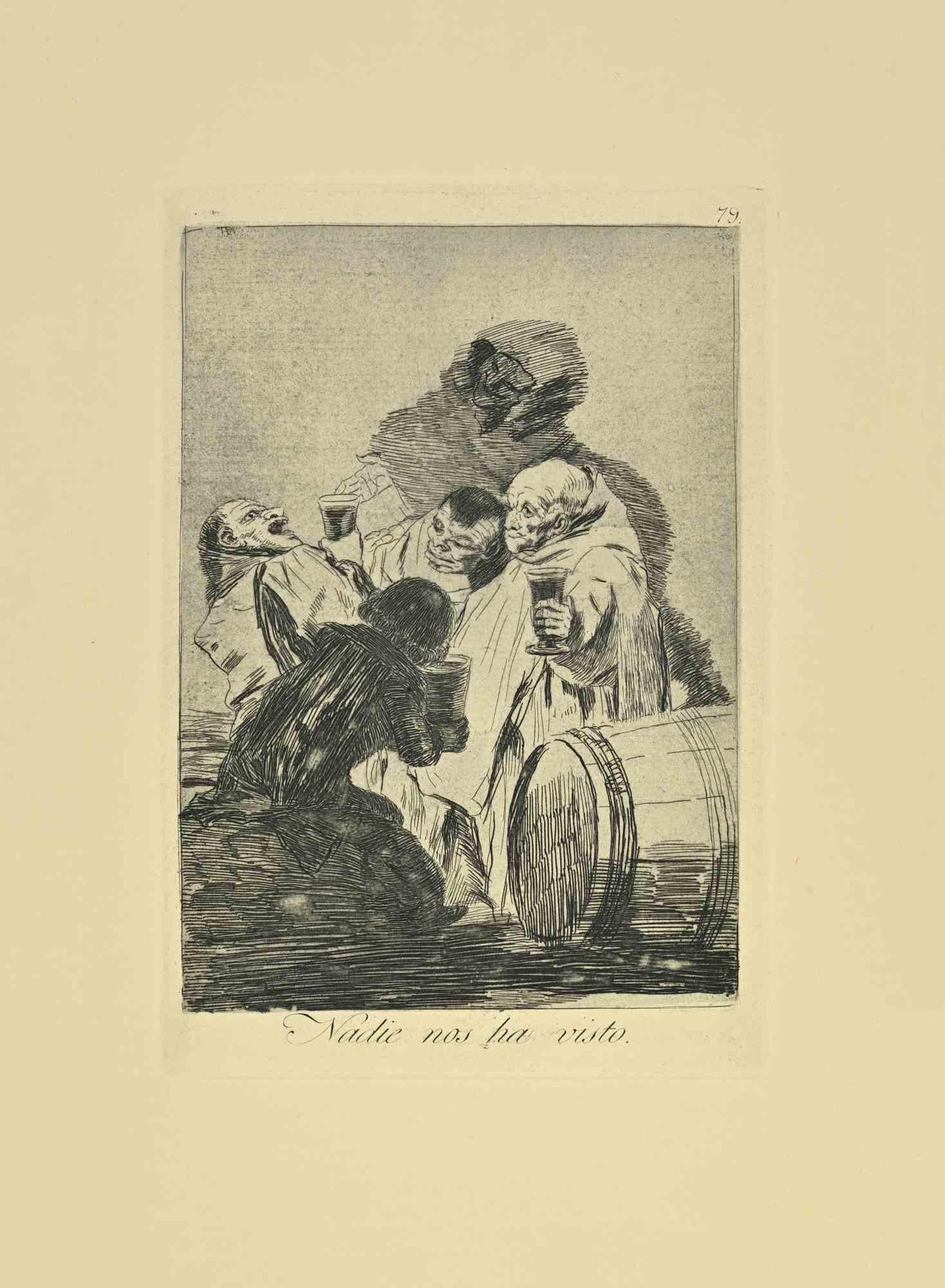 Nadie Nos Ha Visto es un aguatinta, punta seca y aguafuerte en blanco y negro impreso en tinta azul-negra sobre papel verjurado de Caprichos realizados según Francisco Goya en 1881-1886 .

6ª Edición.Muy buena impresión.

Madrid: Calcografía Real,