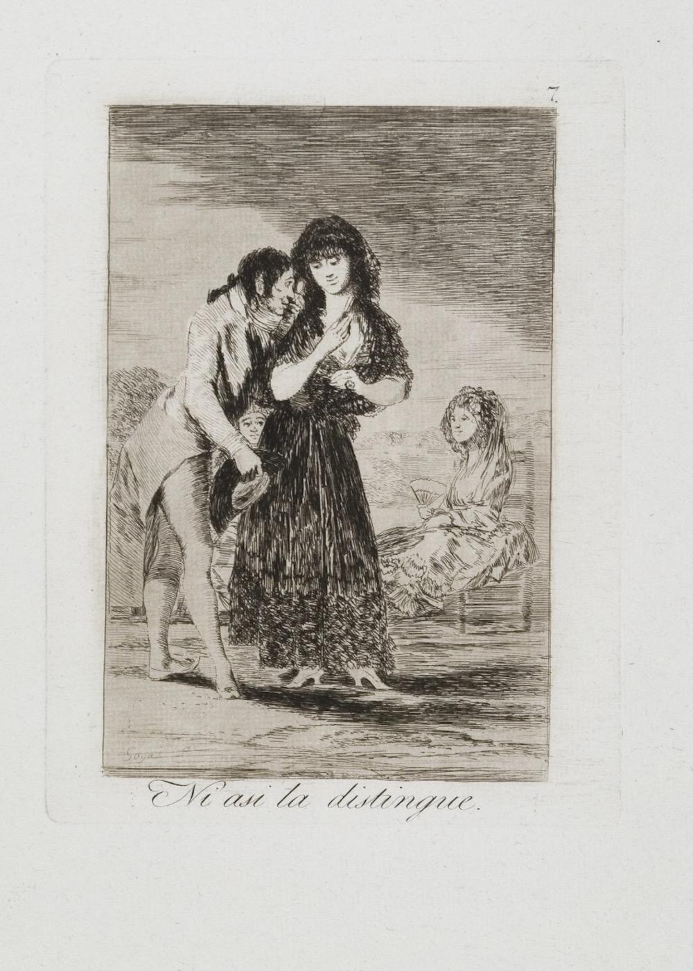 "Ni asi la Distingue" est une aquatinte originale réalisée par Francisco Goya en 1799, d'après...  Série Los Caprichos, planche 7, première édition.

Rare et en très bon état. 

 Les Caprichos
Mis en vente le 6 février 1799, à la fin du dernier