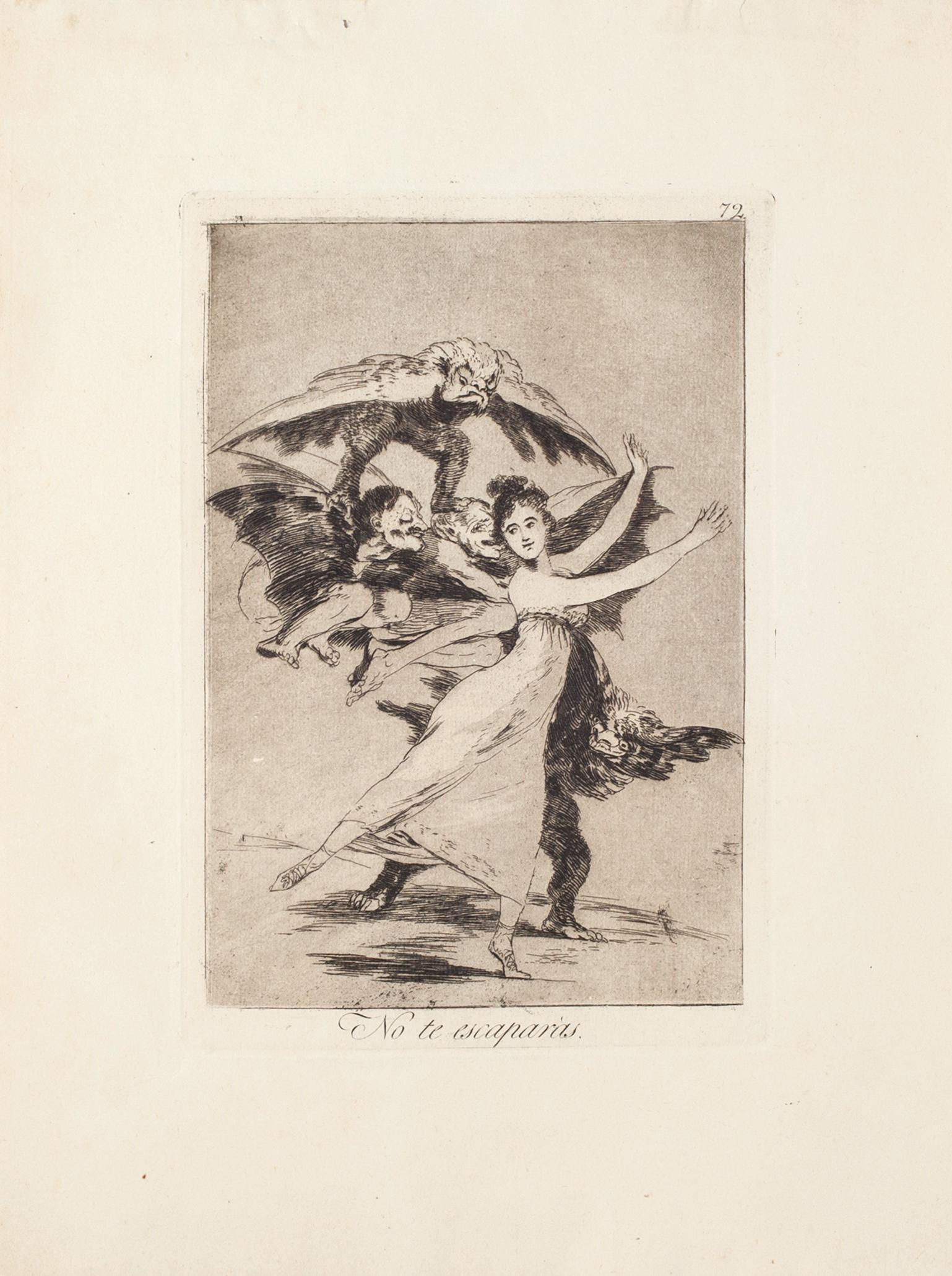 No te escaparas is an original Etching on wove paper realized by the artist Francisco Goya and published for the first time in 1799.

Original Etching on wove paper. Image dimensions: 21.5 x 14.5 cm.

The etching is part of the Third Edition of 