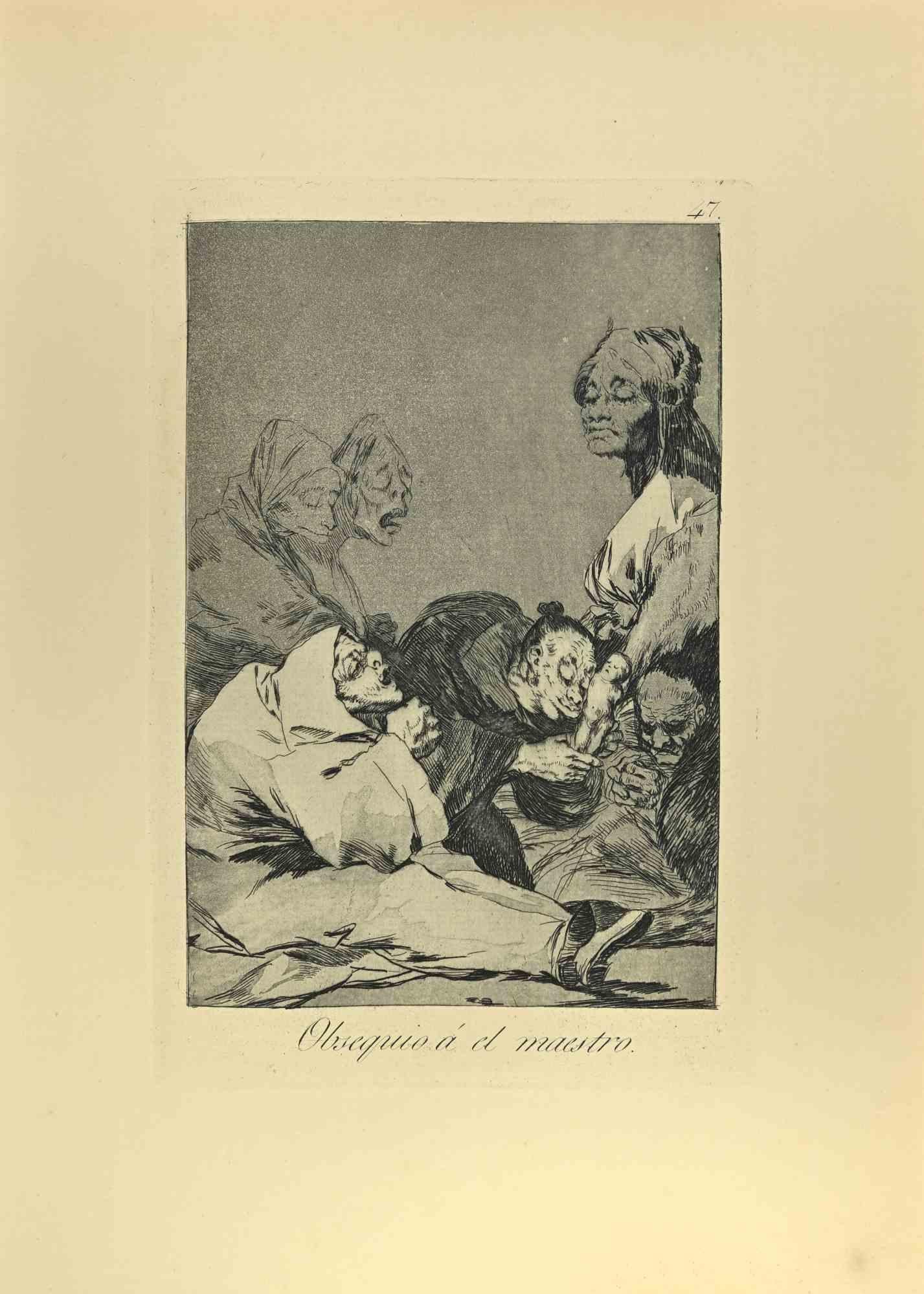 Obsequio á el Maestro ist eine Schwarz-Weiß-Aquatinta, Kaltnadel und Radierung, gedruckt in blau-schwarzer Tinte auf Bütten von Caprichos, die 1881-1886 nach Francisco Goya entstanden.

6. Auflage, sehr guter Abdruck.

Madrid: Calcografia Real,