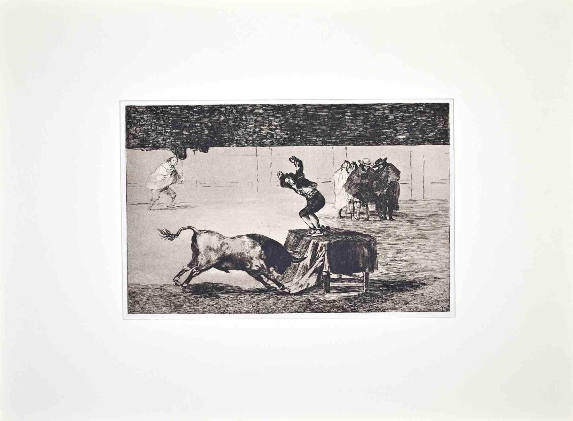 Etching, burnished aquatint, drypoint, and engraving.

Image dimension: 245 x 352 mm.

Sheet dimension 330 x 475 mm.

Numbered "19" at top right.

Nineteenth plate from the Tauromachia series, first published by Goya in 1816 in thirty-three plates,