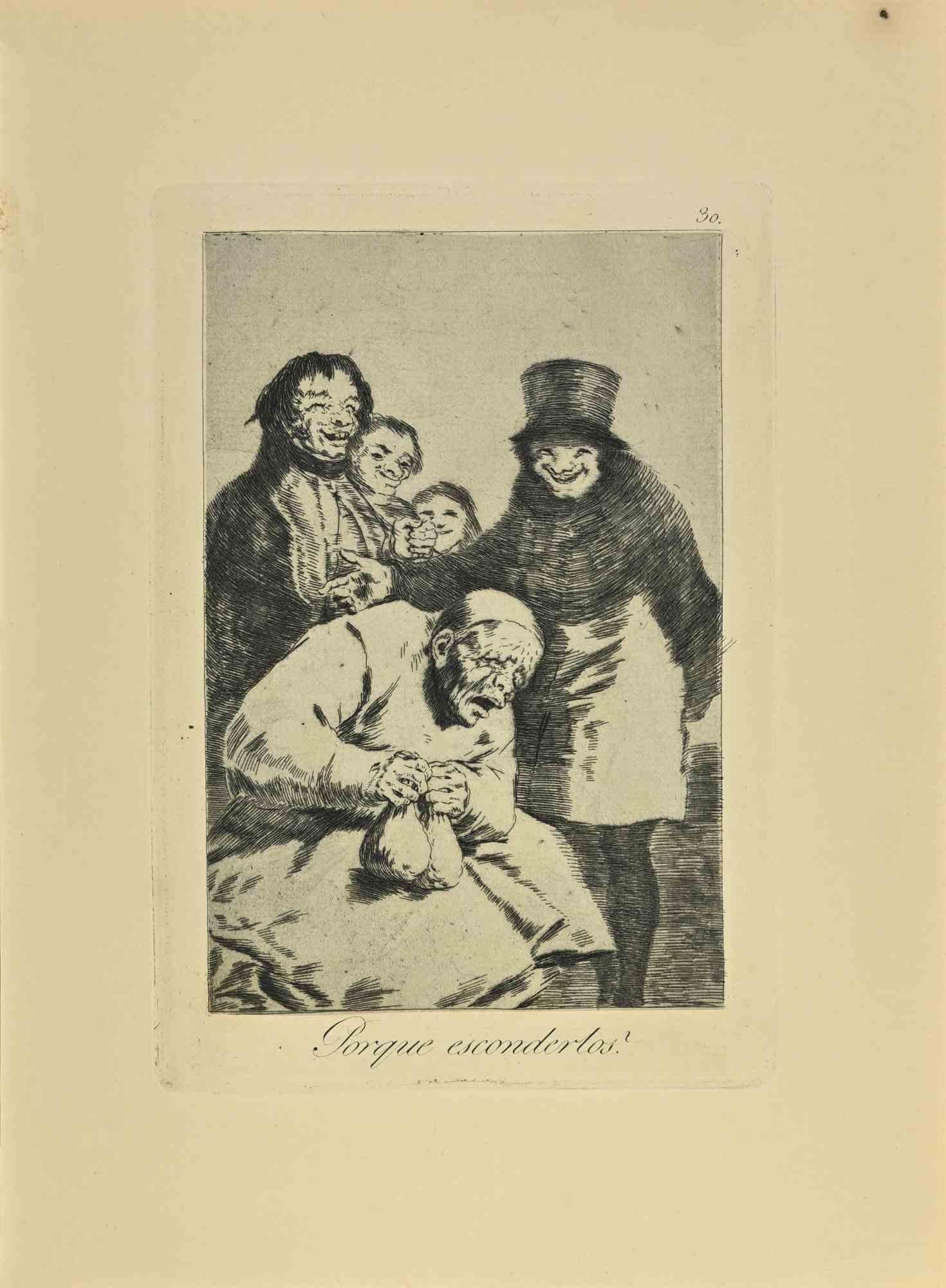 Porque esconderlos? (Why hide them?) is a black and White aquatint, drypoint, and etching printed in blue-black ink on laid paper from Caprichos realized after Francisco Goya in 1881-1886.

6th Edition. 

Titled on the lower

Very good