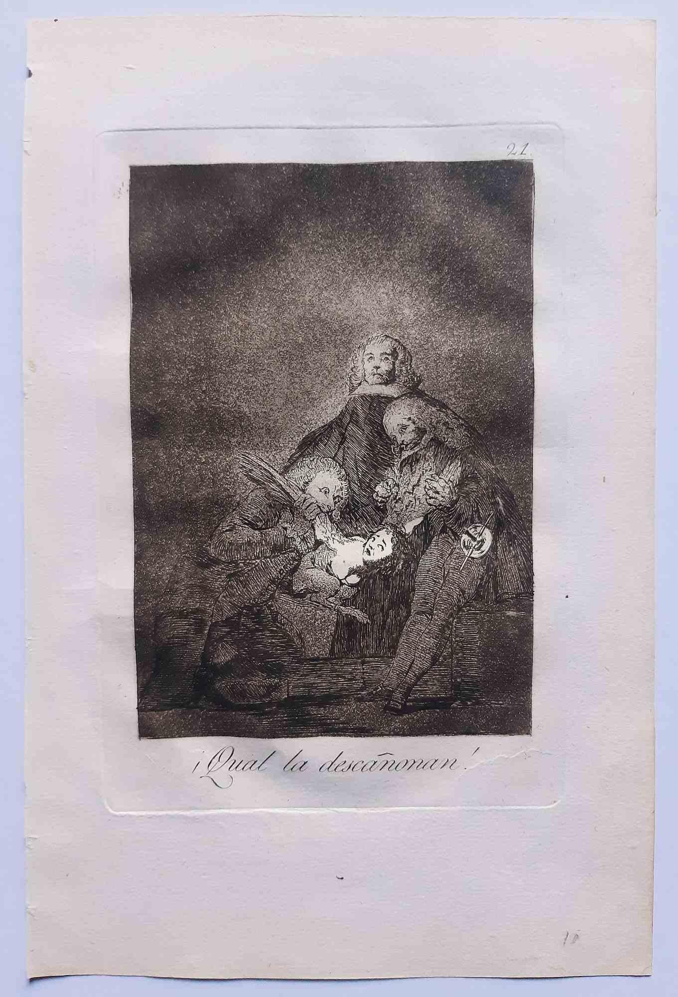 Francisco Goya Figurative Print – Qual la Descañona aus Los Caprichos - Radierung von F. Goya - 1799