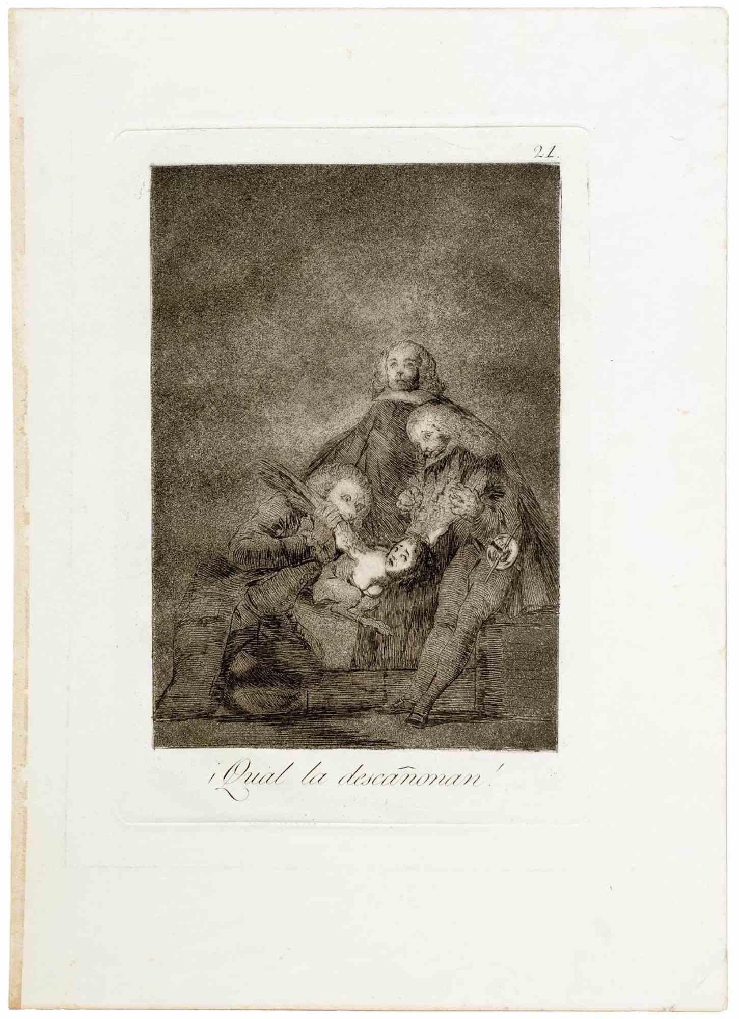 Qual la descanonan is a modern artwork realized by Francisco Goya, and published as third edition in 1868 by the Calcografia Nacional.

Black and white etching and burnished aquatint

Dimensions: Image 20 x 15 cm Sheet 29 x 21 cm.

The artwork is