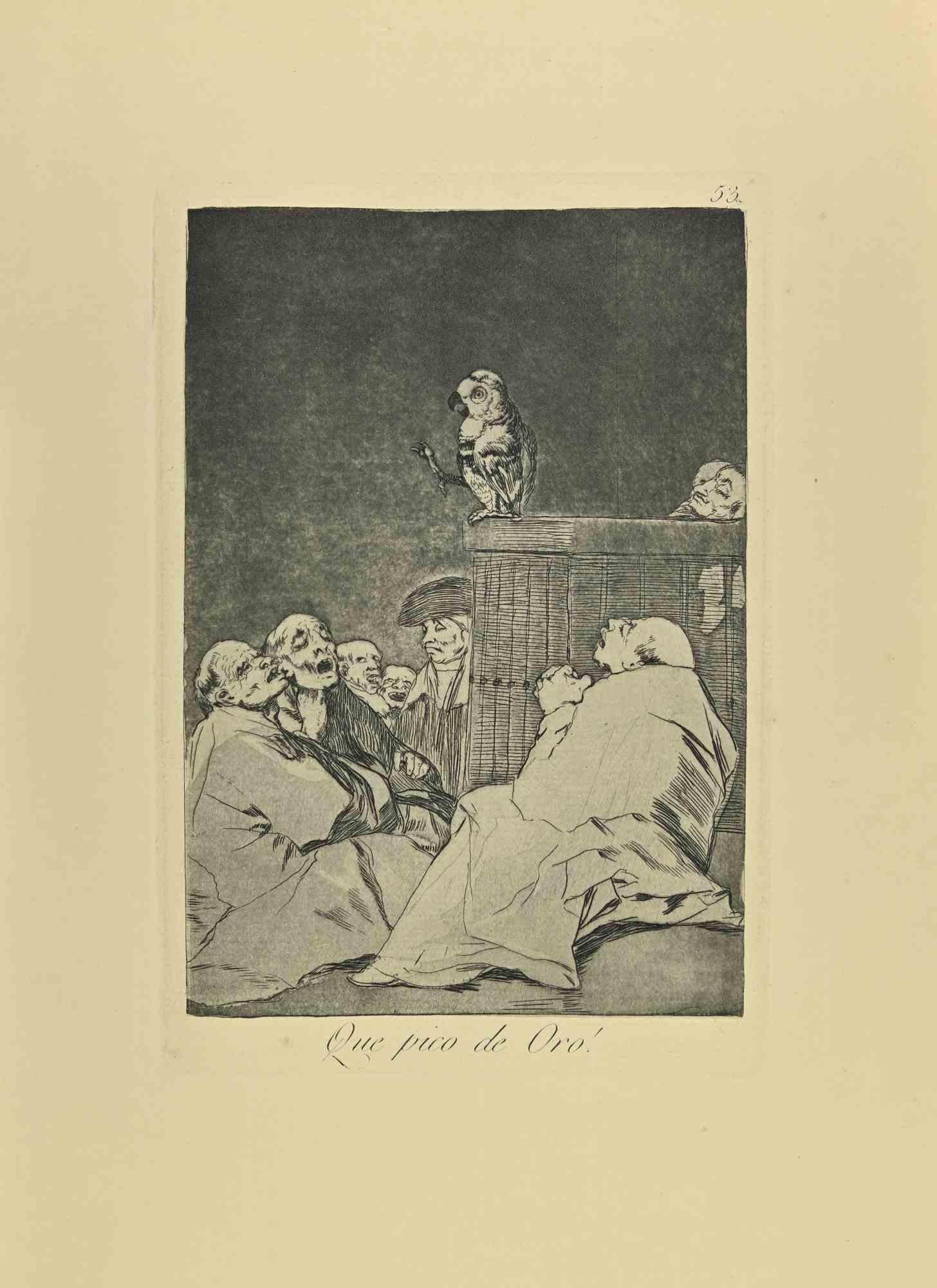 Que pico de Oro! is a black and White aquatint, drypoint and etching printed in blue-black ink on laid paper from Caprichos realized after Francisco Goya in 1881-1886 .

6th Edition.Very good impression.

Madrid: Calcografia Real, 1881-1886

Sheet