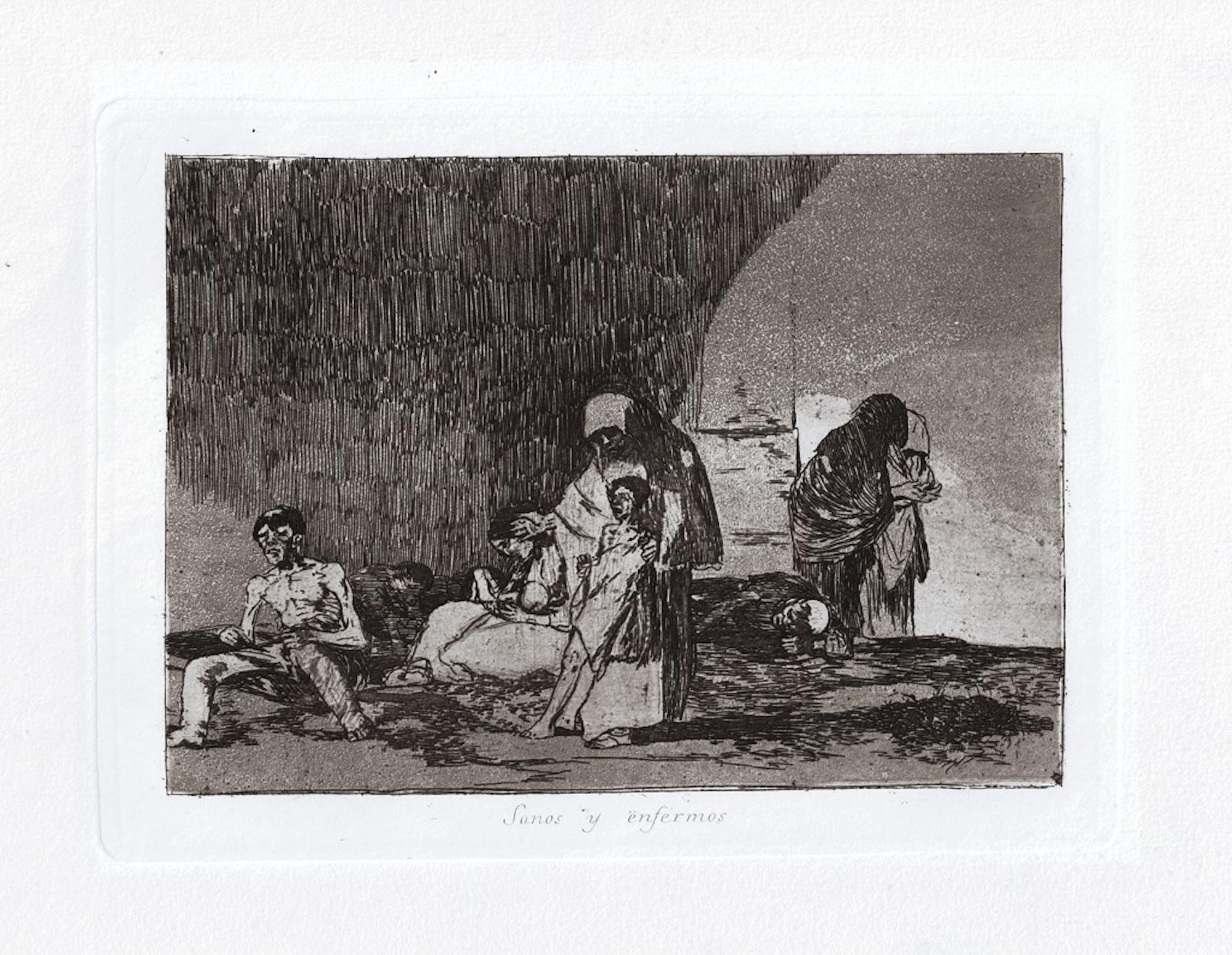 Sanos y enfermos est une œuvre d'art originale réalisée par le grand artiste espagnol Francisco Goya en 1810. 

Gravure originale sur papier. 

L'œuvre appartient à la célèbre série "Los Desastres de la Guerra" réalisée pendant les années de la