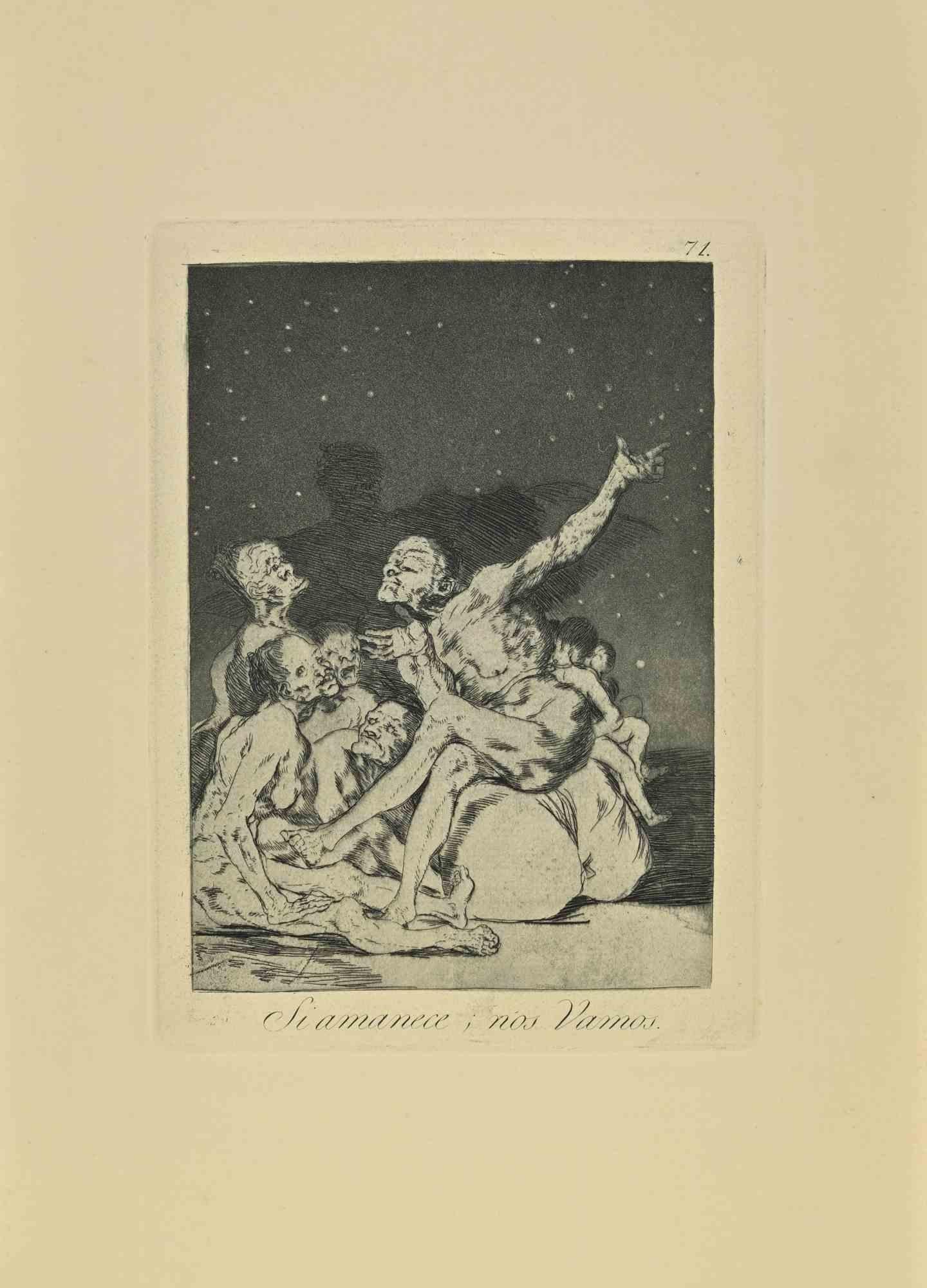 Siamanece nos Vamos is a black and White aquatint, drypoint and etching printed in blue-black ink on laid paper from Caprichos realized after Francisco Goya in 1881-1886 .

6th Edition.Very good impression.

Madrid: Calcografia Real,
