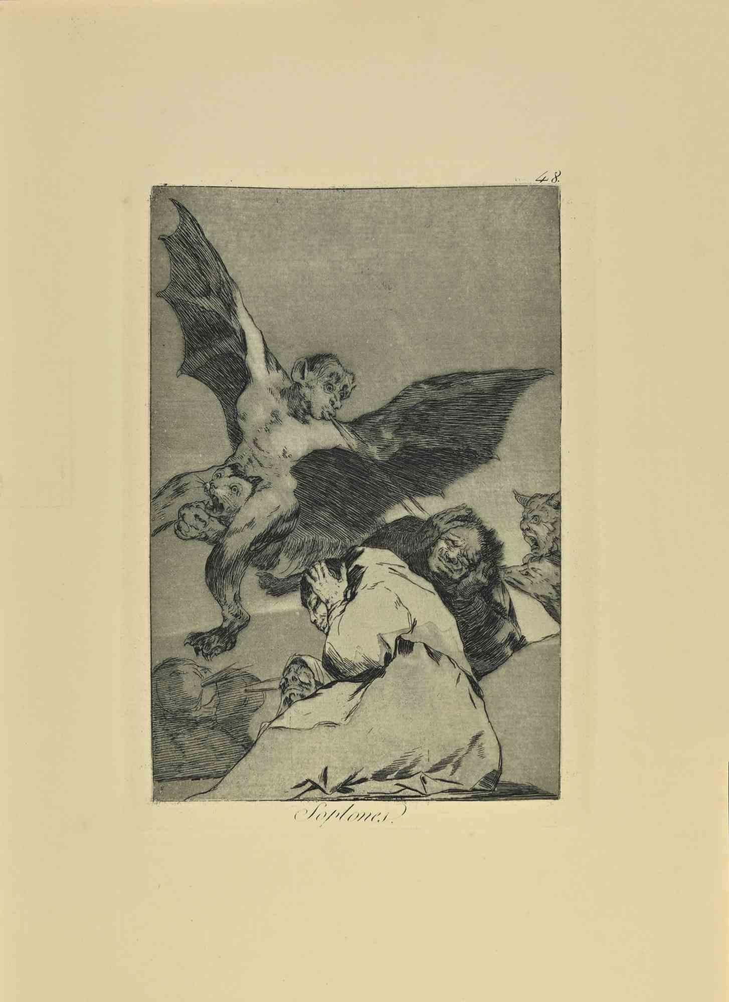 Soplones es un aguatinta, punta seca y aguafuerte en blanco y negro impreso en tinta azul-negra sobre papel verjurado de Caprichos realizados según Francisco Goya en 1881-1886 .

6ª Edición.Muy buena impresión.

Madrid: Calcografía Real,