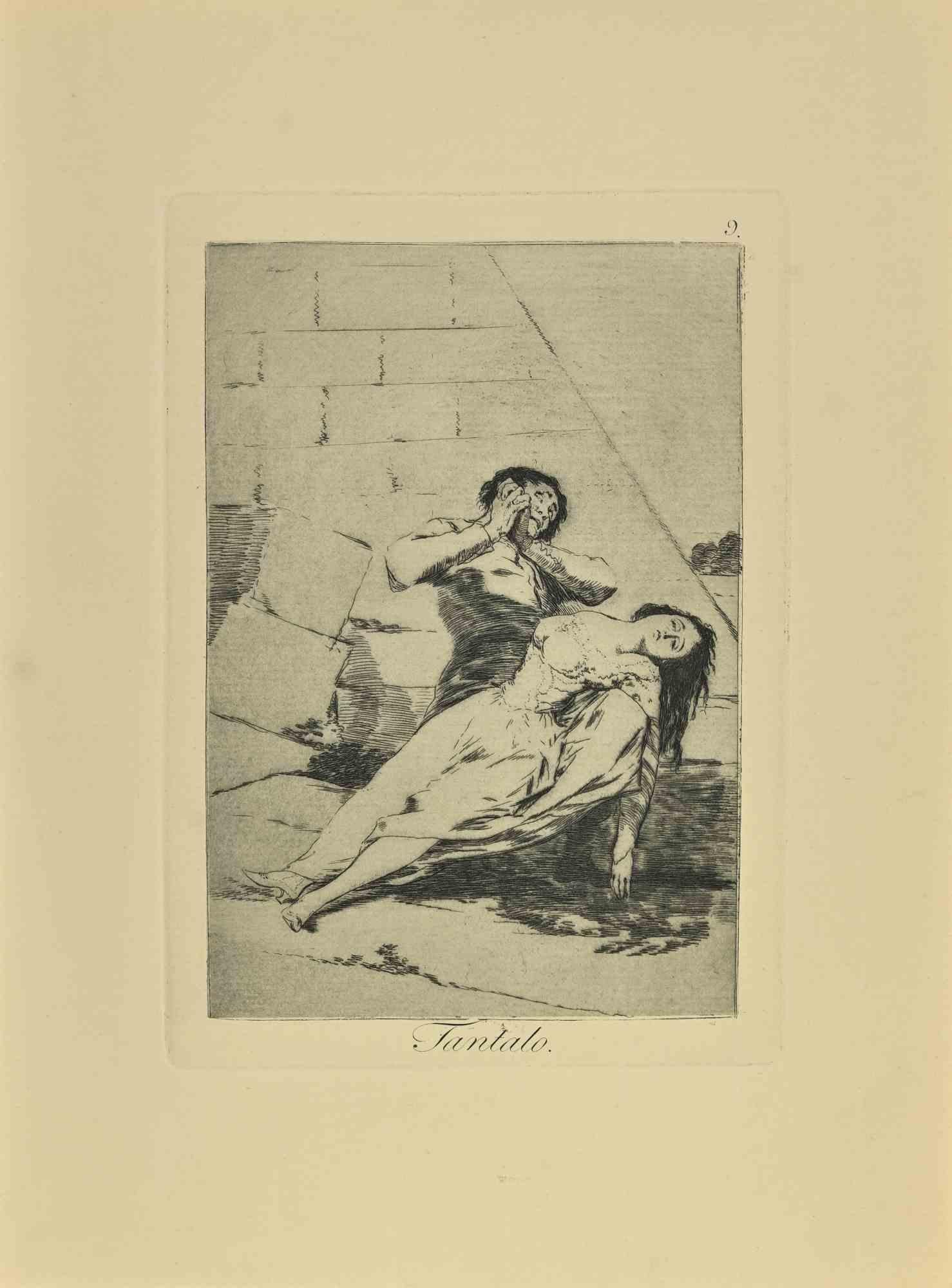 Tántalo es un aguatinta, punta seca y aguafuerte en blanco y negro impreso en tinta azul-negra sobre papel verjurado de Caprichos realizados según Francisco Goya en 1881-1886 .

6ª Edición.Muy buena impresión.

Madrid: Calcografía Real,