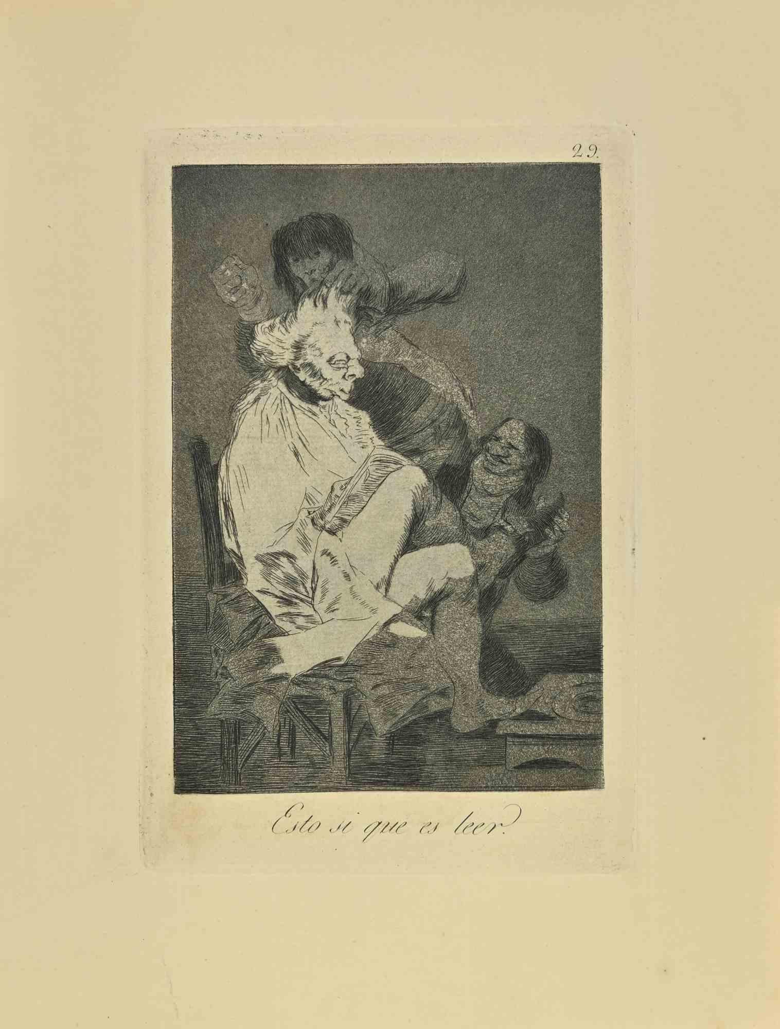 Esto si que es leer es un aguatinta, punta seca y aguafuerte en blanco y negro impresos en tinta azul-negra sobre papel verjurado de Caprichos realizados según Francisco Goya en 1881-1886.

6ª Edición. 

Titulado en la parte inferior

Muy buena
