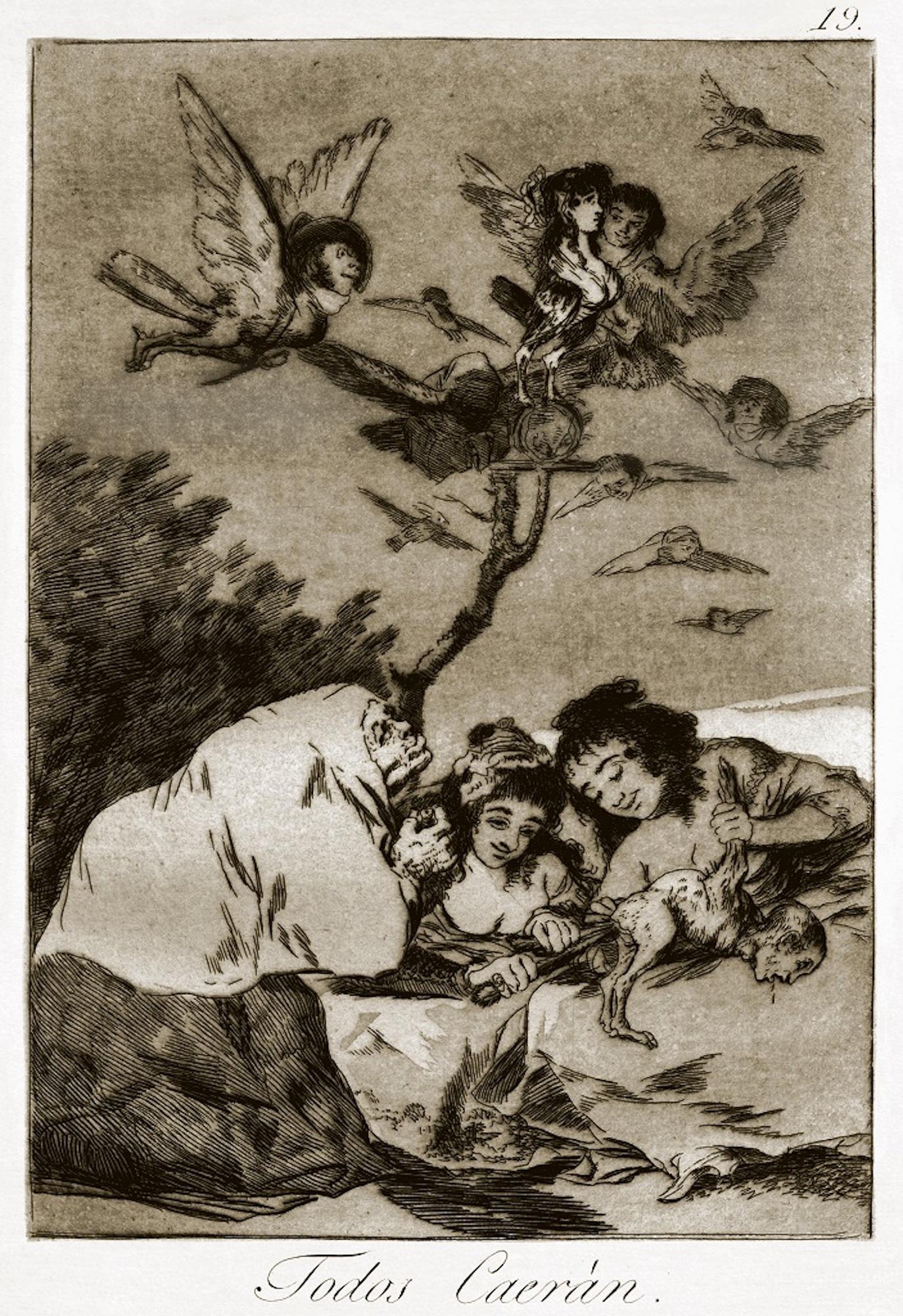 Todos Caeran is an original artwork realized by the artist Francisco Goya and published in 1799 for the first time.

Original Etching on wove paper.

The etching belongs to the Third Edition of "Los Caprichos" a series published in 1868 by the
