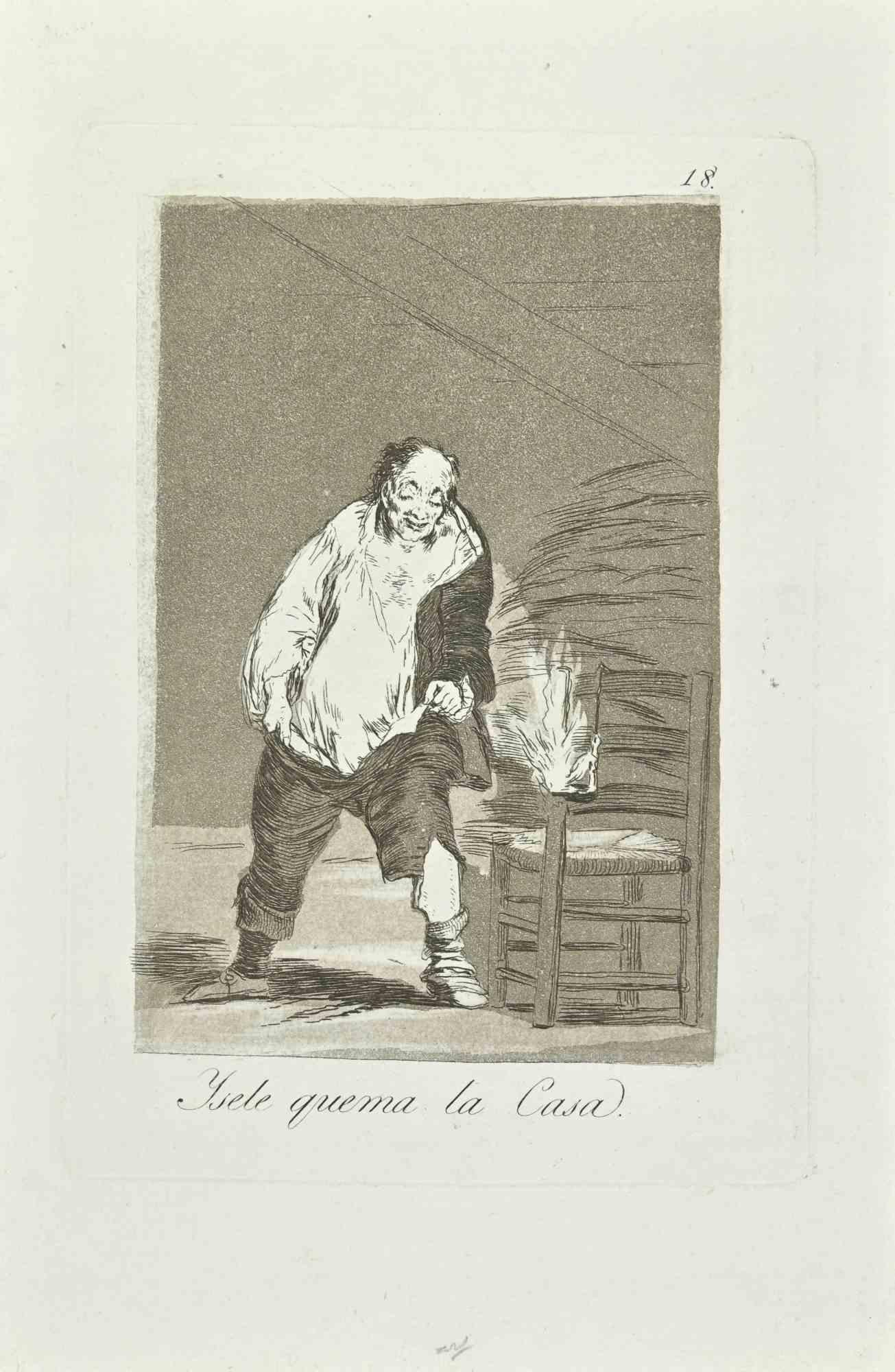 Y se le quema la casa is plate n. 18 (of 80) of the series Los Caprichos by Goya. This  etching is an excellent proof of the first edition of 1799, before the bevels.

Plate 17,9x12,1 cm; Sheet 29,2x19,3 cm.

Provenance: Paul Proute Gallery, Paris,